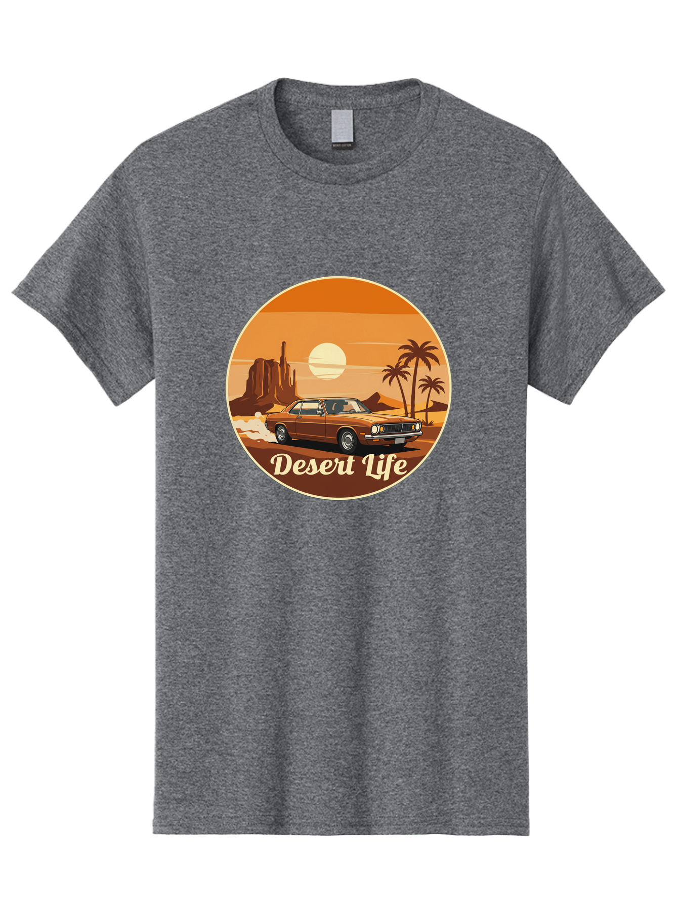 Desert-Life-1 Men'S Graphic Tee, 100% Cotton, Comfortable Casual Summer Wear, Machine Washable, Vintage Car, Desert Landscape, Rocky Formation, Palm Trees, Sunset, Orange Hues, Classic Automobile, Adventure, Travel, Freedom, Nostalgia, Bac987
