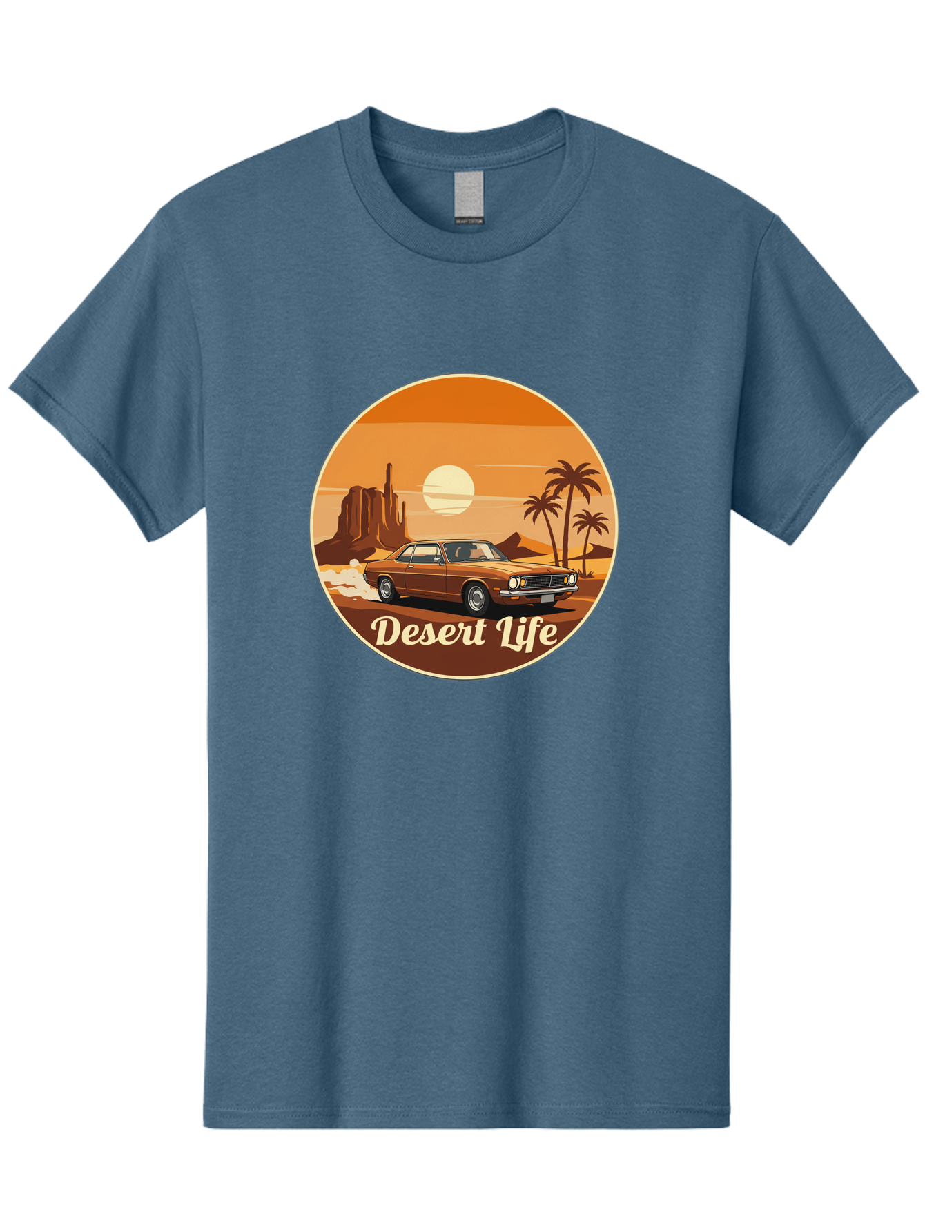 Desert-Life-1 Men'S Graphic Tee, 100% Cotton, Comfortable Casual Summer Wear, Machine Washable, Vintage Car, Desert Landscape, Rocky Formation, Palm Trees, Sunset, Orange Hues, Classic Automobile, Adventure, Travel, Freedom, Nostalgia, Bac987