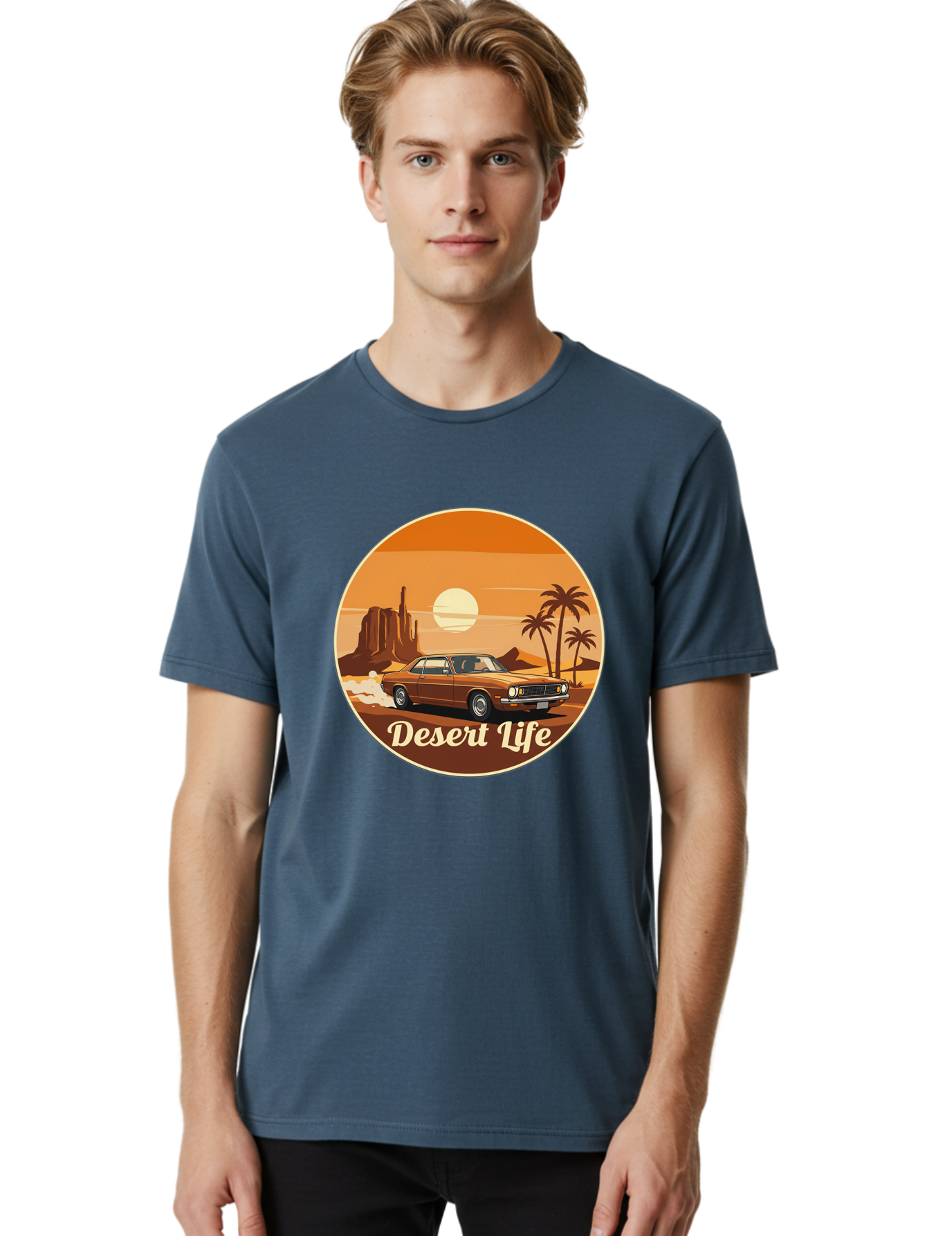 Desert-Life-1 Men'S Graphic Tee, 100% Cotton, Comfortable Casual Summer Wear, Machine Washable, Vintage Car, Desert Landscape, Rocky Formation, Palm Trees, Sunset, Orange Hues, Classic Automobile, Adventure, Travel, Freedom, Nostalgia, Bac987