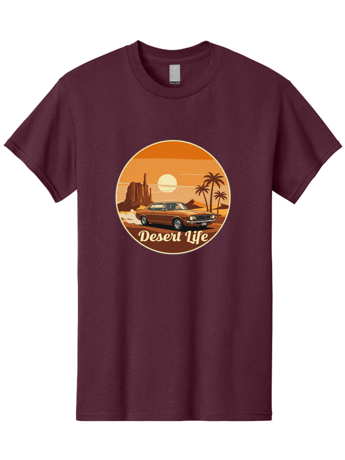 Desert-Life-1 Men'S Graphic Tee, 100% Cotton, Comfortable Casual Summer Wear, Machine Washable, Vintage Car, Desert Landscape, Rocky Formation, Palm Trees, Sunset, Orange Hues, Classic Automobile, Adventure, Travel, Freedom, Nostalgia, Bac987