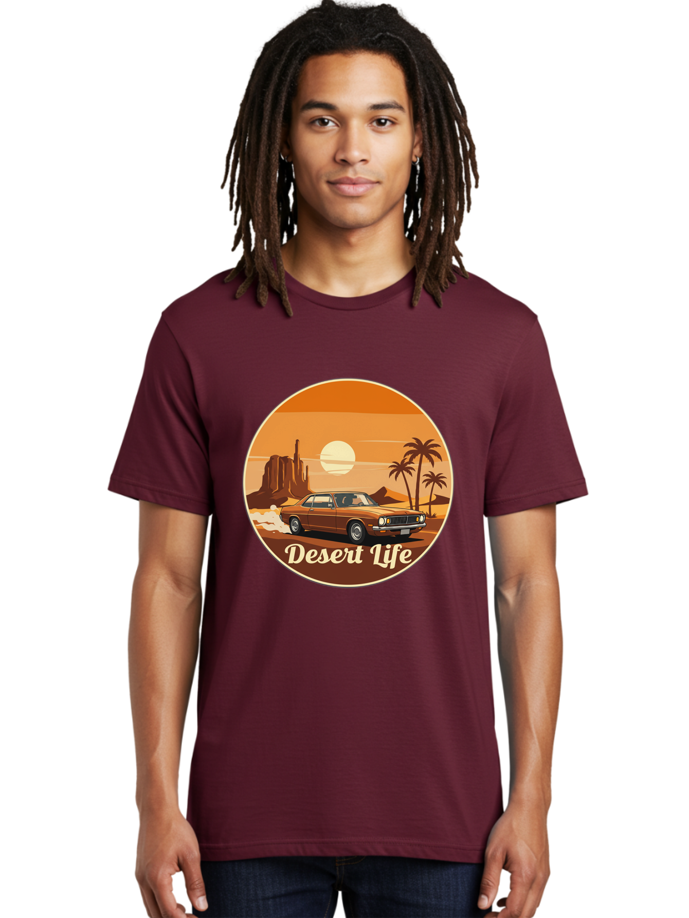 Desert-Life-1 Men'S Graphic Tee, 100% Cotton, Comfortable Casual Summer Wear, Machine Washable, Vintage Car, Desert Landscape, Rocky Formation, Palm Trees, Sunset, Orange Hues, Classic Automobile, Adventure, Travel, Freedom, Nostalgia, Bac987