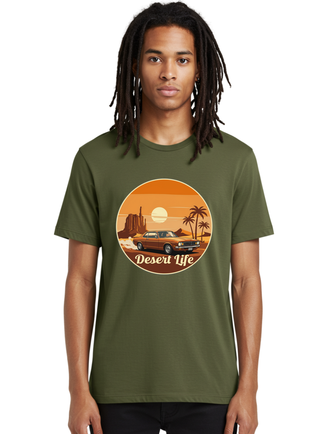 Desert-Life-1 Men'S Graphic Tee, 100% Cotton, Comfortable Casual Summer Wear, Machine Washable, Vintage Car, Desert Landscape, Rocky Formation, Palm Trees, Sunset, Orange Hues, Classic Automobile, Adventure, Travel, Freedom, Nostalgia, Bac987