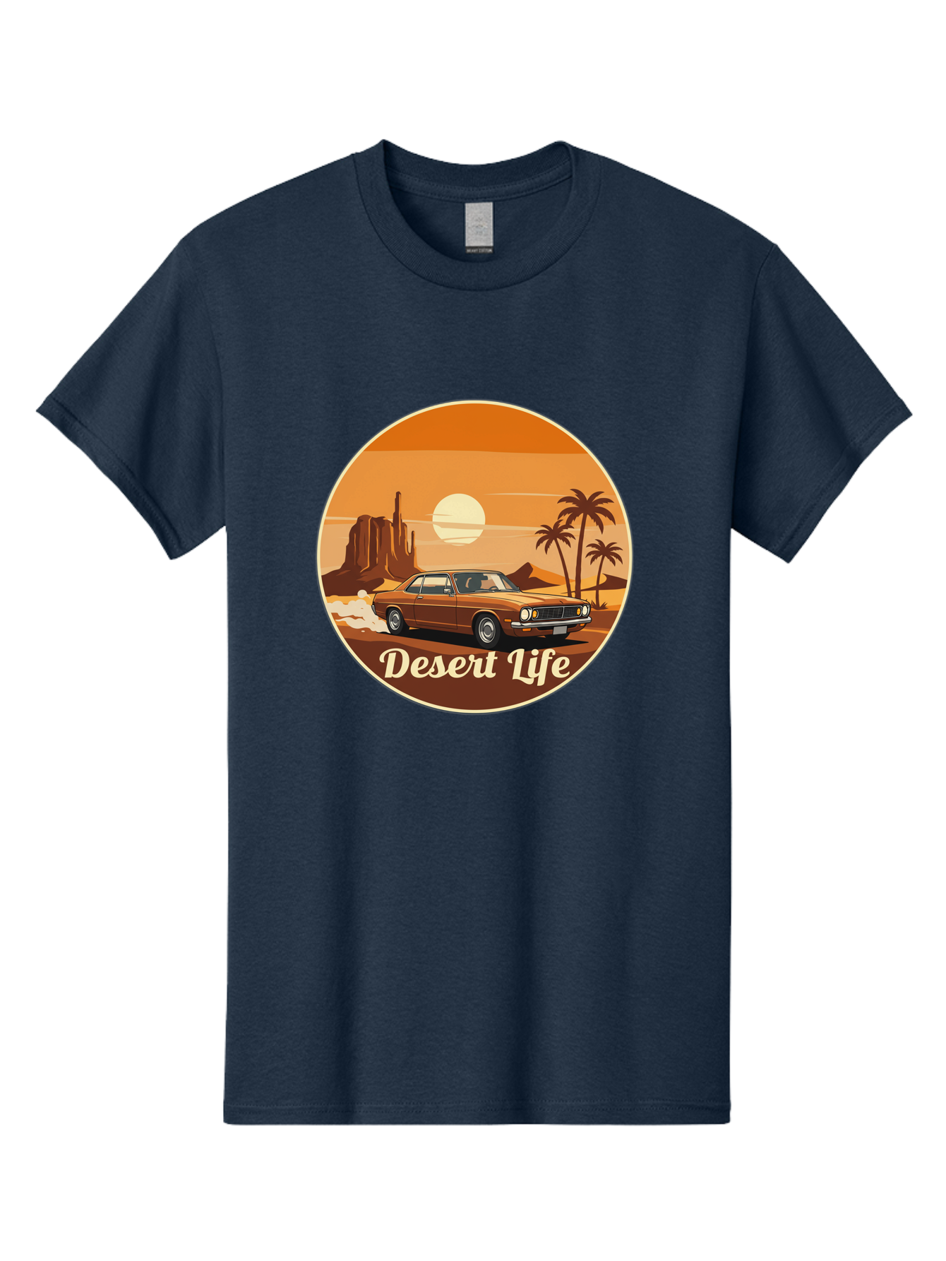 Desert-Life-1 Men'S Graphic Tee, 100% Cotton, Comfortable Casual Summer Wear, Machine Washable, Vintage Car, Desert Landscape, Rocky Formation, Palm Trees, Sunset, Orange Hues, Classic Automobile, Adventure, Travel, Freedom, Nostalgia, Bac987
