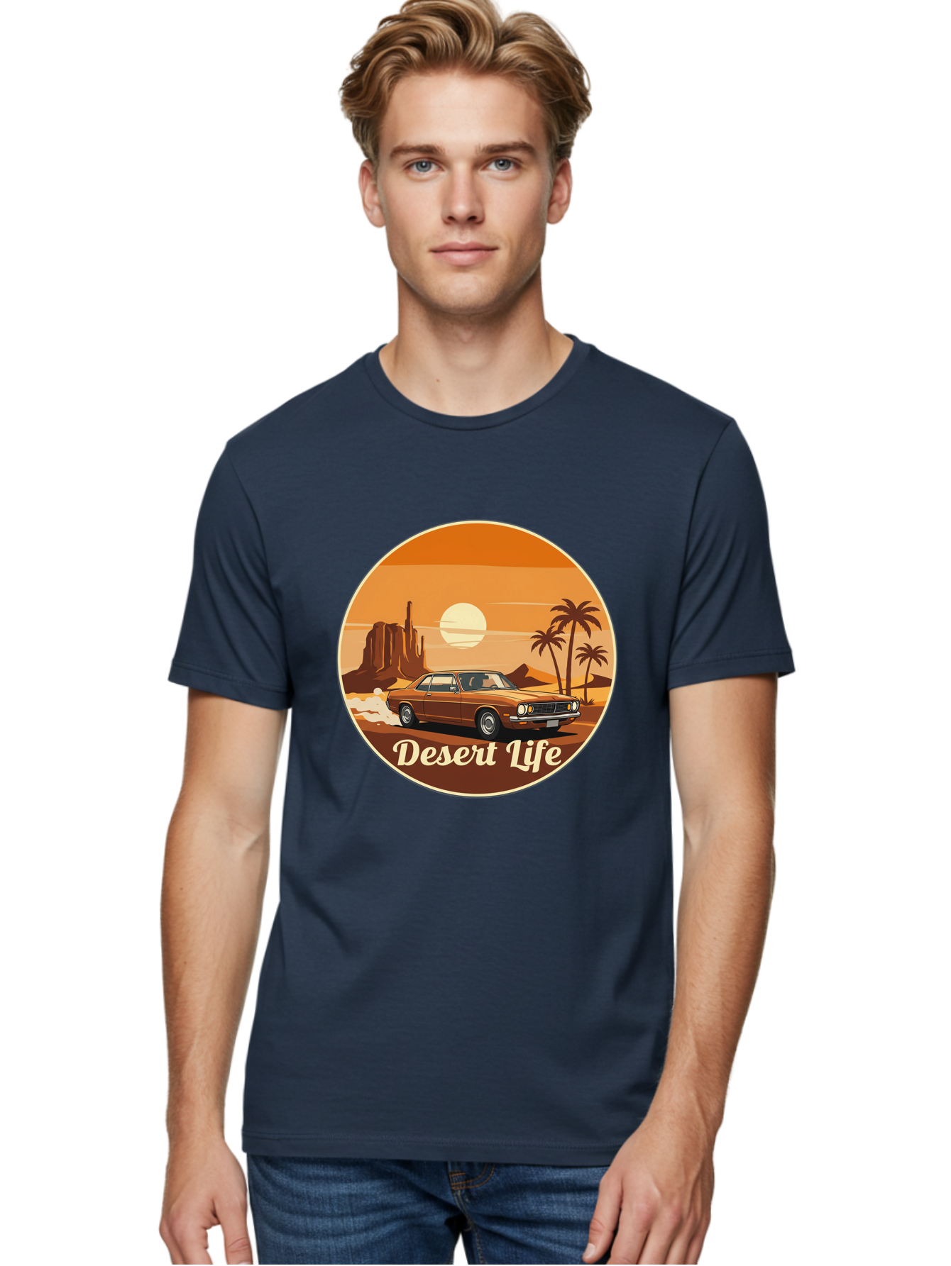 Desert-Life-1 Men'S Graphic Tee, 100% Cotton, Comfortable Casual Summer Wear, Machine Washable, Vintage Car, Desert Landscape, Rocky Formation, Palm Trees, Sunset, Orange Hues, Classic Automobile, Adventure, Travel, Freedom, Nostalgia, Bac987