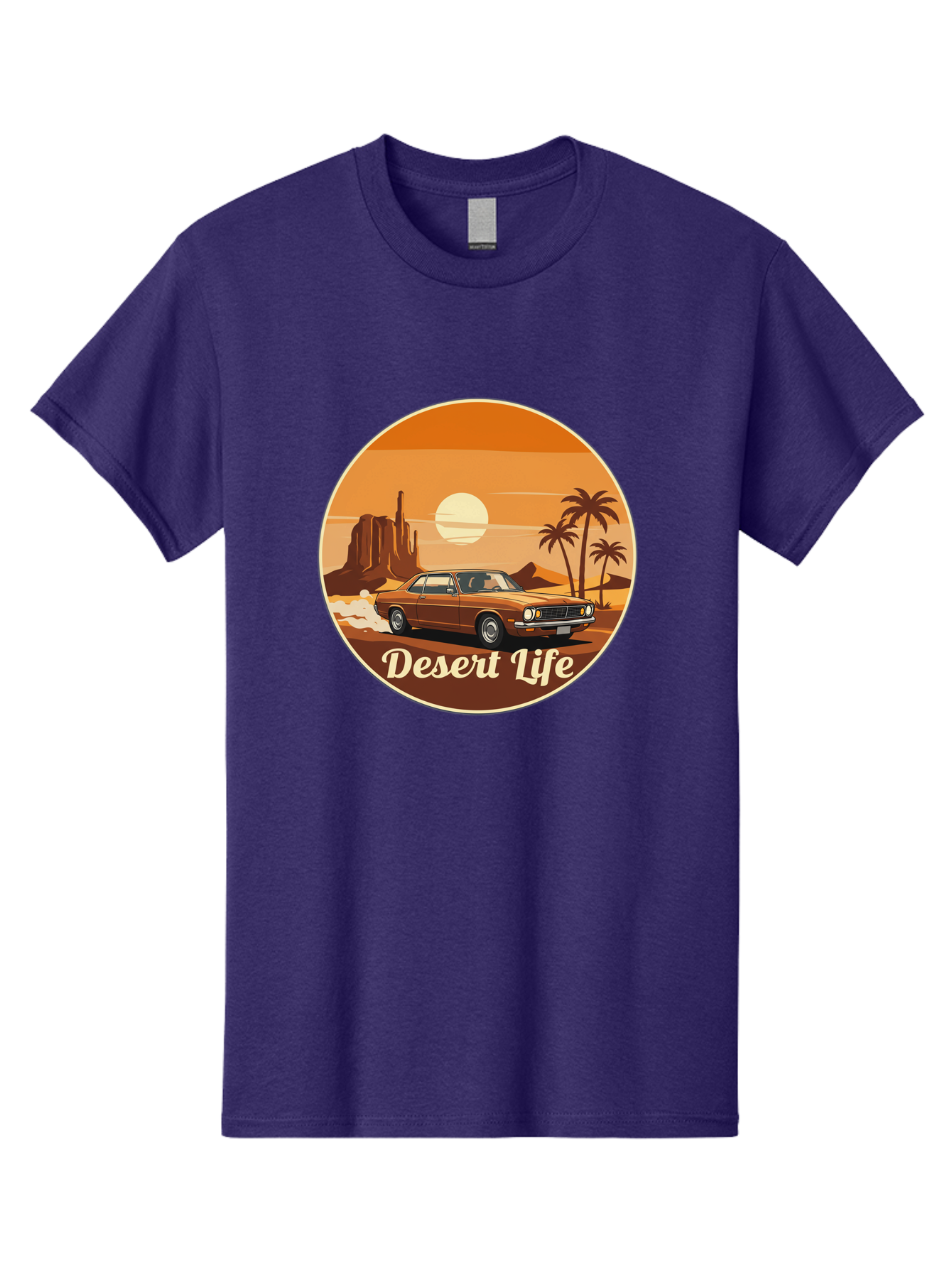 Desert-Life-1 Men'S Graphic Tee, 100% Cotton, Comfortable Casual Summer Wear, Machine Washable, Vintage Car, Desert Landscape, Rocky Formation, Palm Trees, Sunset, Orange Hues, Classic Automobile, Adventure, Travel, Freedom, Nostalgia, Bac987