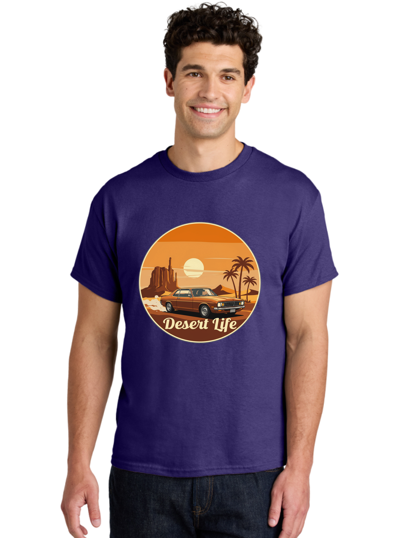 Desert-Life-1 Men'S Graphic Tee, 100% Cotton, Comfortable Casual Summer Wear, Machine Washable, Vintage Car, Desert Landscape, Rocky Formation, Palm Trees, Sunset, Orange Hues, Classic Automobile, Adventure, Travel, Freedom, Nostalgia, Bac987
