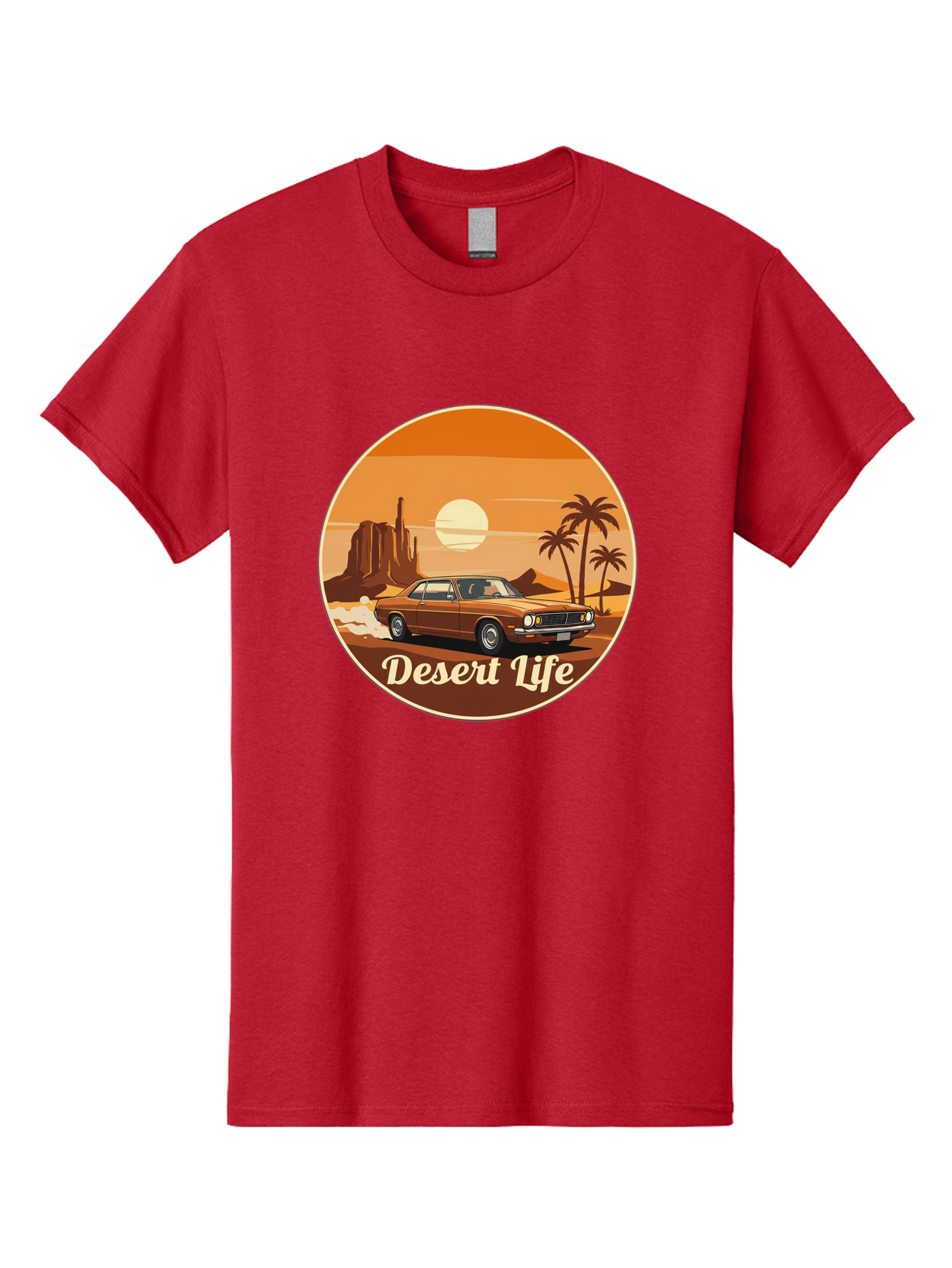 Desert-Life-1 Men'S Graphic Tee, 100% Cotton, Comfortable Casual Summer Wear, Machine Washable, Vintage Car, Desert Landscape, Rocky Formation, Palm Trees, Sunset, Orange Hues, Classic Automobile, Adventure, Travel, Freedom, Nostalgia, Bac987