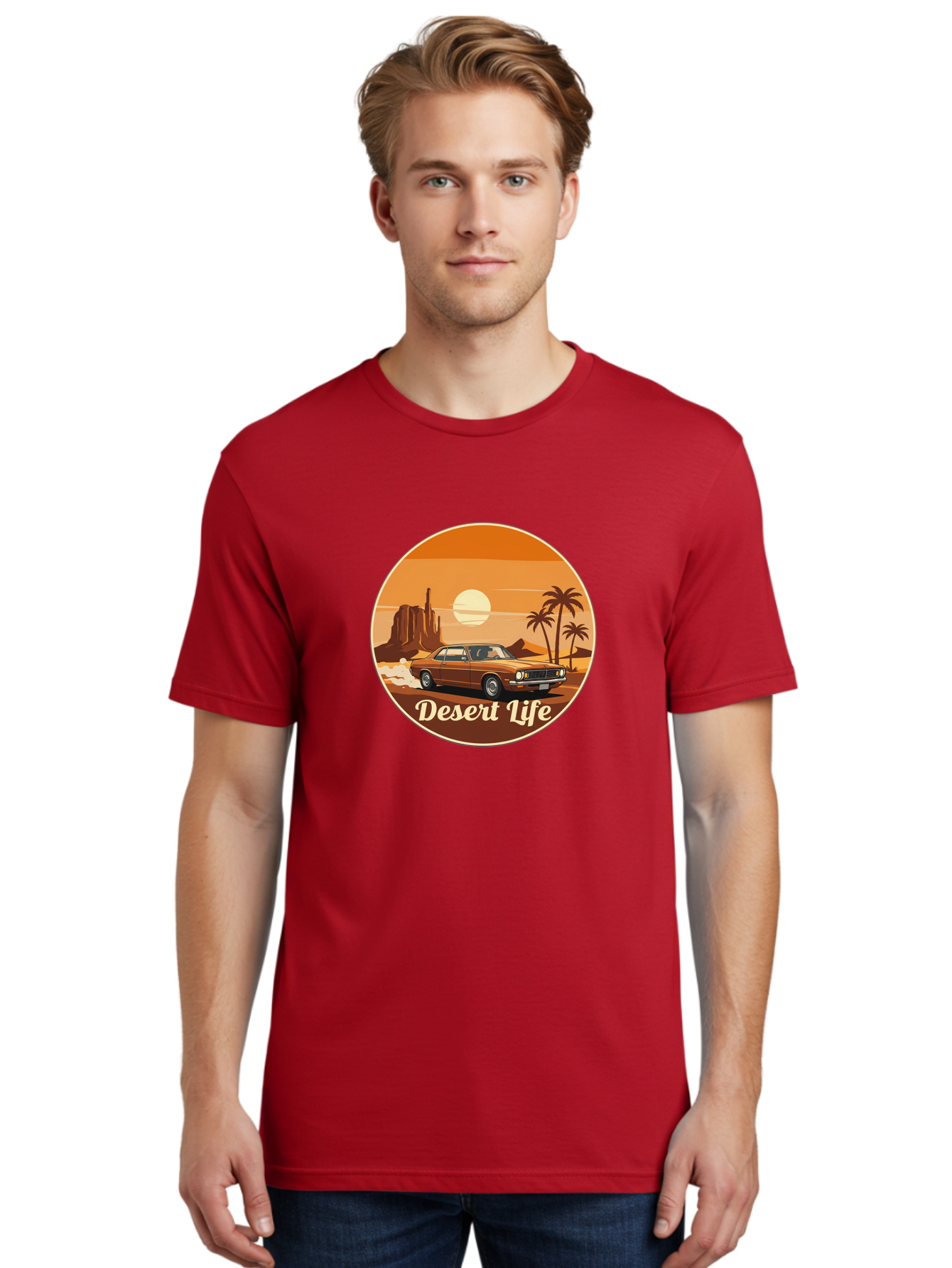 Desert-Life-1 Men'S Graphic Tee, 100% Cotton, Comfortable Casual Summer Wear, Machine Washable, Vintage Car, Desert Landscape, Rocky Formation, Palm Trees, Sunset, Orange Hues, Classic Automobile, Adventure, Travel, Freedom, Nostalgia, Bac987