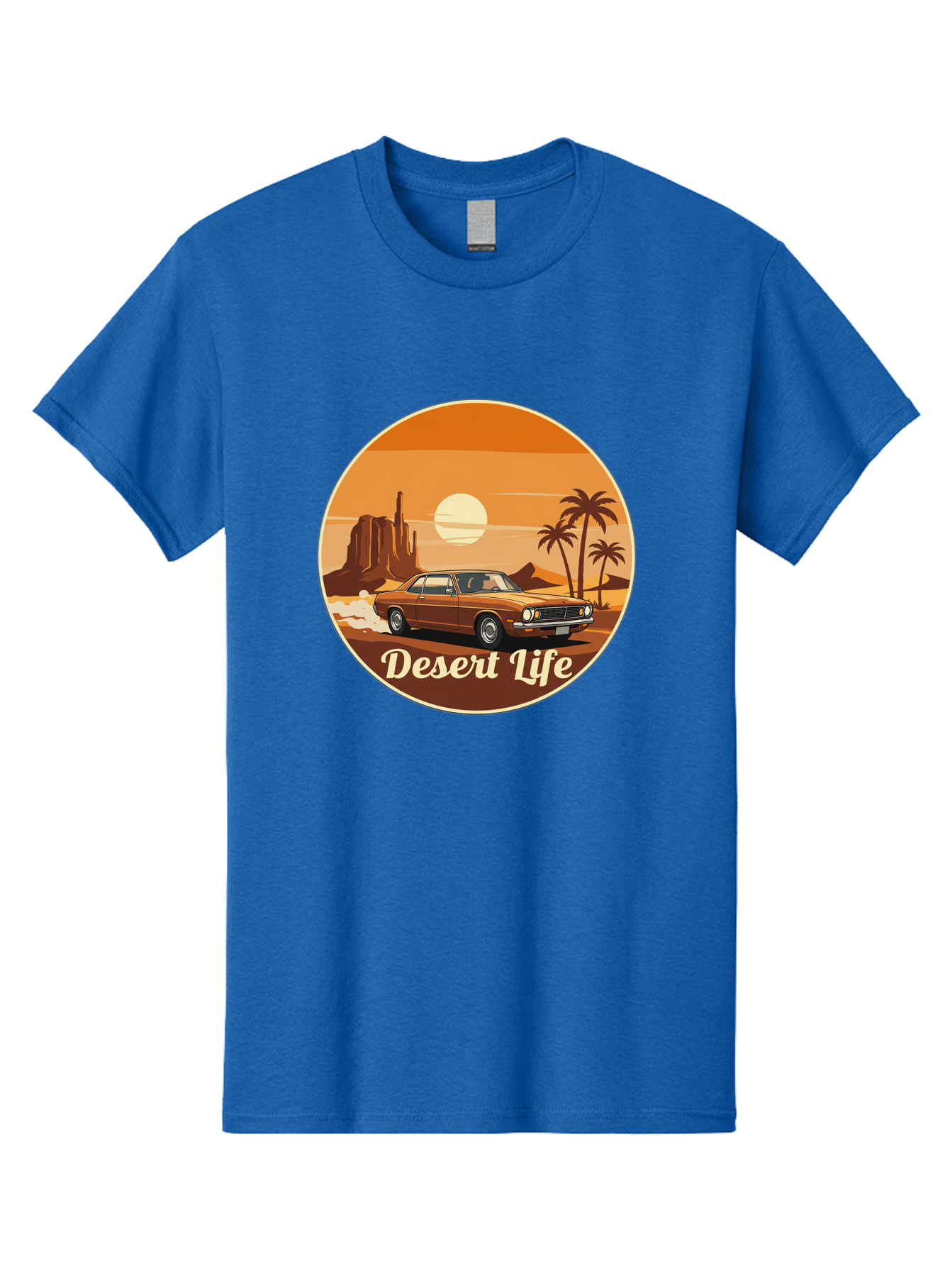 Desert-Life-1 Men'S Graphic Tee, 100% Cotton, Comfortable Casual Summer Wear, Machine Washable, Vintage Car, Desert Landscape, Rocky Formation, Palm Trees, Sunset, Orange Hues, Classic Automobile, Adventure, Travel, Freedom, Nostalgia, Bac987