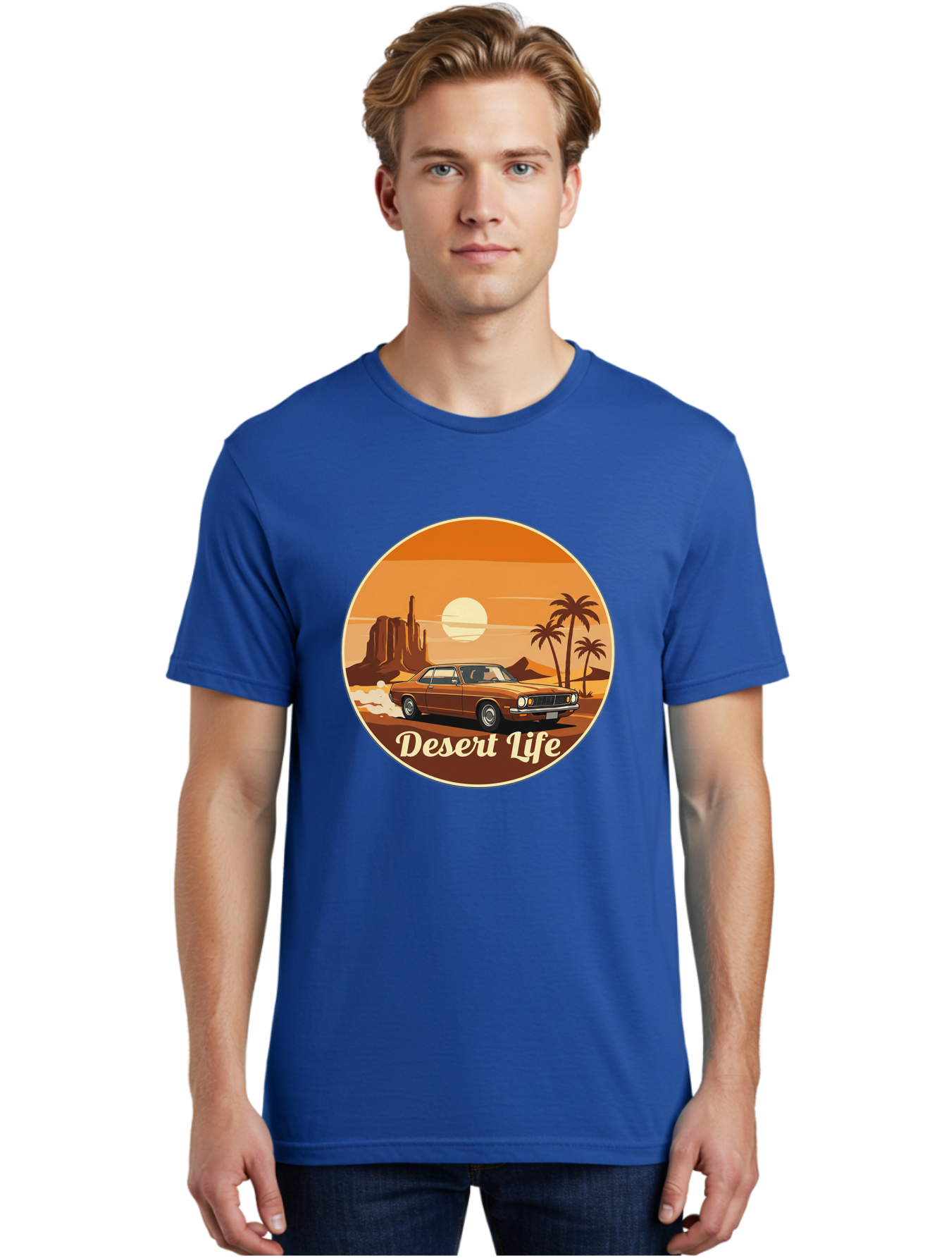 Desert-Life-1 Men'S Graphic Tee, 100% Cotton, Comfortable Casual Summer Wear, Machine Washable, Vintage Car, Desert Landscape, Rocky Formation, Palm Trees, Sunset, Orange Hues, Classic Automobile, Adventure, Travel, Freedom, Nostalgia, Bac987