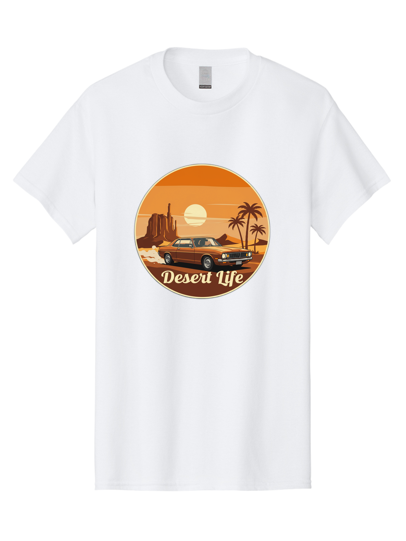 Desert-Life-1 Men'S Graphic Tee, 100% Cotton, Comfortable Casual Summer Wear, Machine Washable, Vintage Car, Desert Landscape, Rocky Formation, Palm Trees, Sunset, Orange Hues, Classic Automobile, Adventure, Travel, Freedom, Nostalgia, Bac987