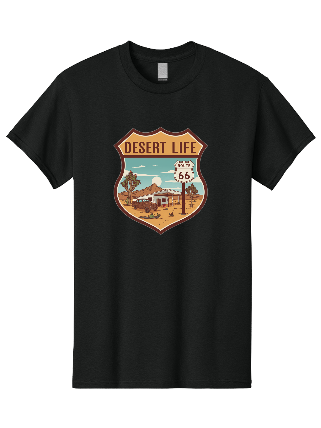 Desert-Life-2 Men'S Graphic Tee, 100% Cotton, Comfortable Casual Summer Wear, Machine Washable, Route 66, Desert Landscape, Vintage Truck, Retro-Style, Road Trip Adventure, Vintage Car, Route 66 Sign, Cacti, Mountains, Open Road, Bac988