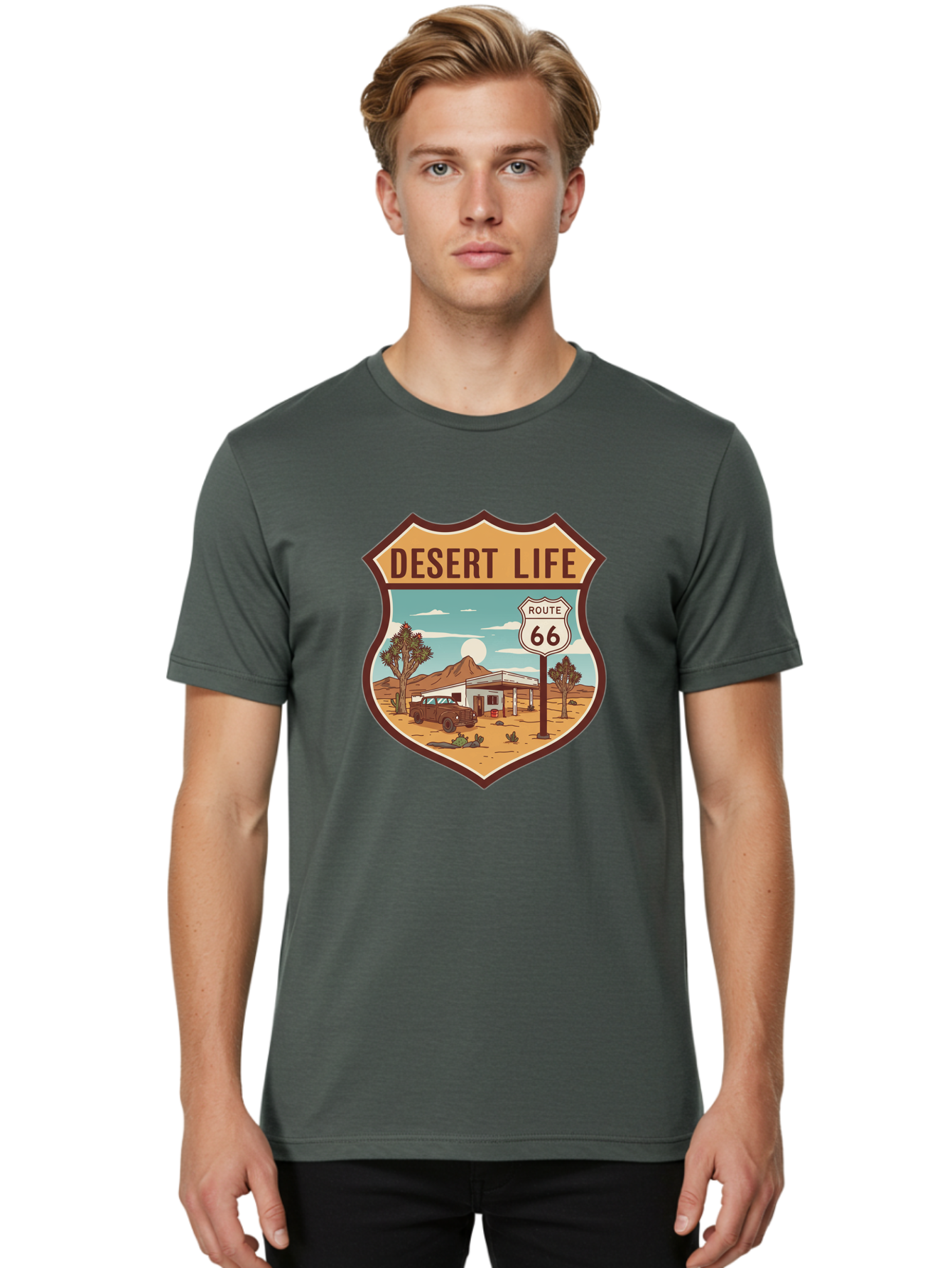 Desert-Life-2 Men'S Graphic Tee, 100% Cotton, Comfortable Casual Summer Wear, Machine Washable, Route 66, Desert Landscape, Vintage Truck, Retro-Style, Road Trip Adventure, Vintage Car, Route 66 Sign, Cacti, Mountains, Open Road, Bac988