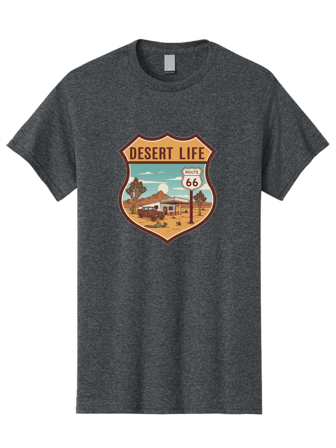 Desert-Life-2 Men'S Graphic Tee, 100% Cotton, Comfortable Casual Summer Wear, Machine Washable, Route 66, Desert Landscape, Vintage Truck, Retro-Style, Road Trip Adventure, Vintage Car, Route 66 Sign, Cacti, Mountains, Open Road, Bac988