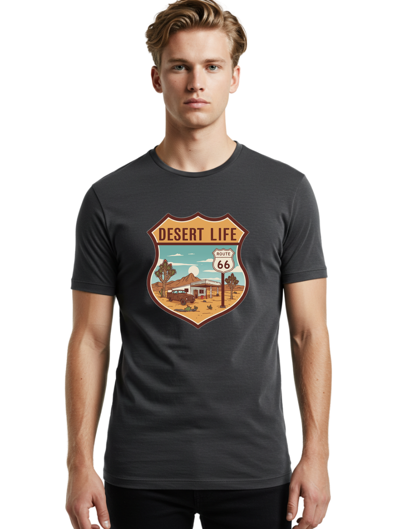 Desert-Life-2 Men'S Graphic Tee, 100% Cotton, Comfortable Casual Summer Wear, Machine Washable, Route 66, Desert Landscape, Vintage Truck, Retro-Style, Road Trip Adventure, Vintage Car, Route 66 Sign, Cacti, Mountains, Open Road, Bac988