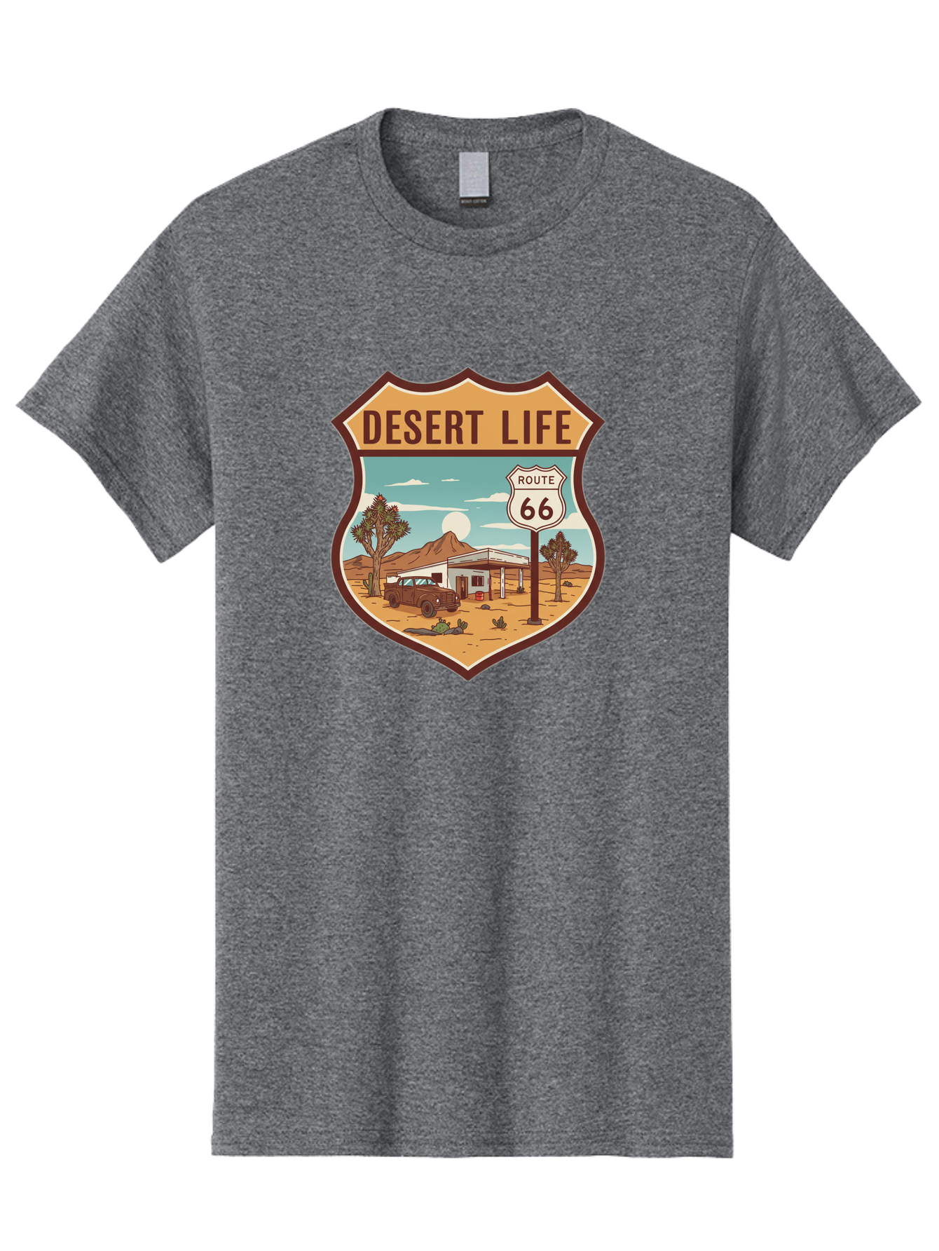 Desert-Life-2 Men'S Graphic Tee, 100% Cotton, Comfortable Casual Summer Wear, Machine Washable, Route 66, Desert Landscape, Vintage Truck, Retro-Style, Road Trip Adventure, Vintage Car, Route 66 Sign, Cacti, Mountains, Open Road, Bac988
