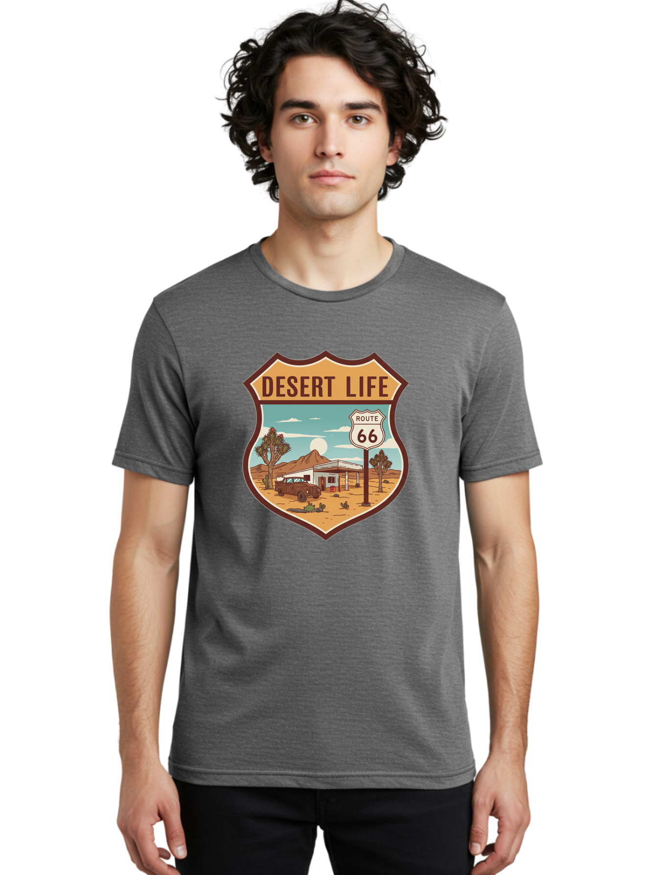 Desert-Life-2 Men'S Graphic Tee, 100% Cotton, Comfortable Casual Summer Wear, Machine Washable, Route 66, Desert Landscape, Vintage Truck, Retro-Style, Road Trip Adventure, Vintage Car, Route 66 Sign, Cacti, Mountains, Open Road, Bac988