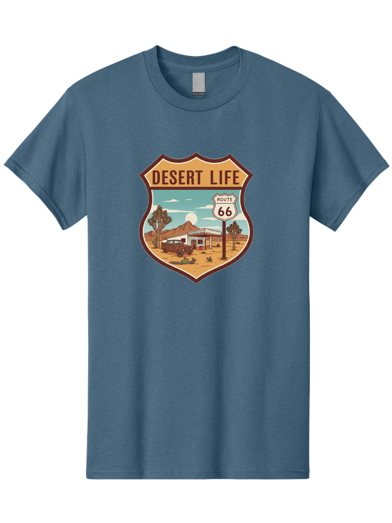 Desert-Life-2 Men'S Graphic Tee, 100% Cotton, Comfortable Casual Summer Wear, Machine Washable, Route 66, Desert Landscape, Vintage Truck, Retro-Style, Road Trip Adventure, Vintage Car, Route 66 Sign, Cacti, Mountains, Open Road, Bac988