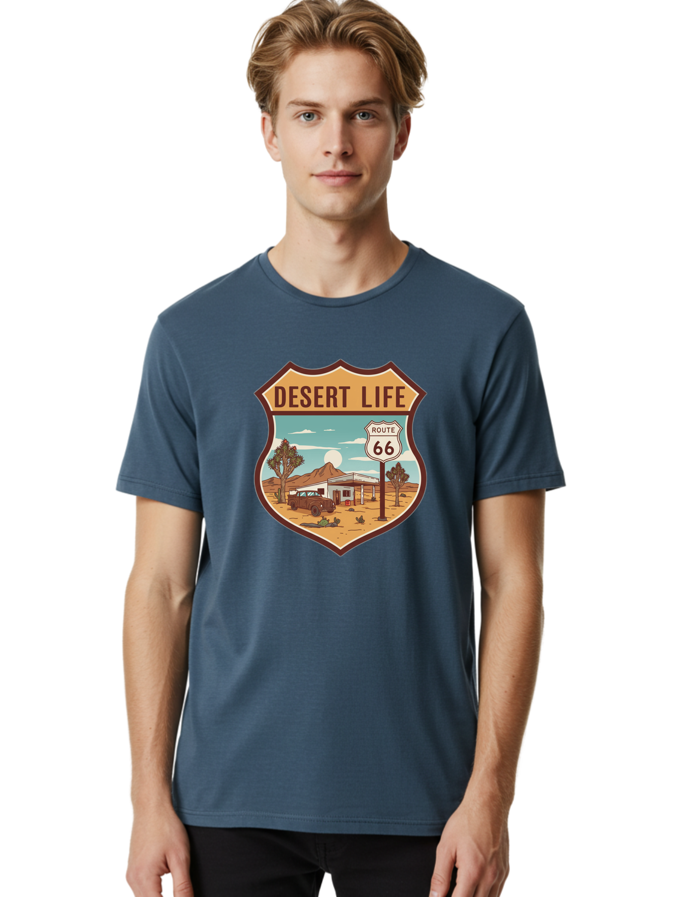 Desert-Life-2 Men'S Graphic Tee, 100% Cotton, Comfortable Casual Summer Wear, Machine Washable, Route 66, Desert Landscape, Vintage Truck, Retro-Style, Road Trip Adventure, Vintage Car, Route 66 Sign, Cacti, Mountains, Open Road, Bac988