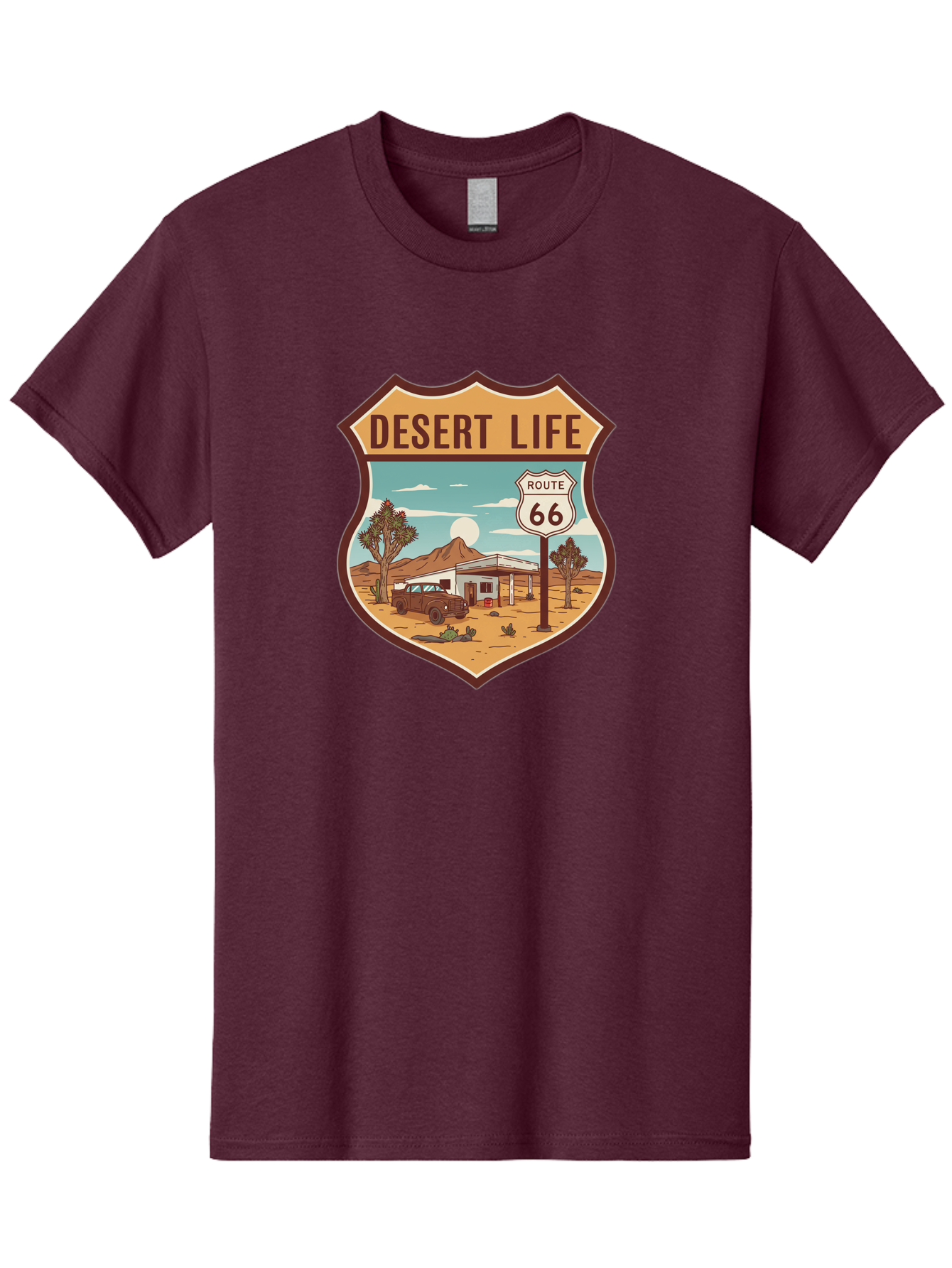 Desert-Life-2 Men'S Graphic Tee, 100% Cotton, Comfortable Casual Summer Wear, Machine Washable, Route 66, Desert Landscape, Vintage Truck, Retro-Style, Road Trip Adventure, Vintage Car, Route 66 Sign, Cacti, Mountains, Open Road, Bac988