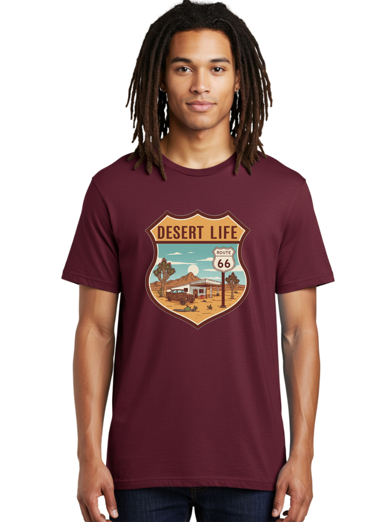 Desert-Life-2 Men'S Graphic Tee, 100% Cotton, Comfortable Casual Summer Wear, Machine Washable, Route 66, Desert Landscape, Vintage Truck, Retro-Style, Road Trip Adventure, Vintage Car, Route 66 Sign, Cacti, Mountains, Open Road, Bac988