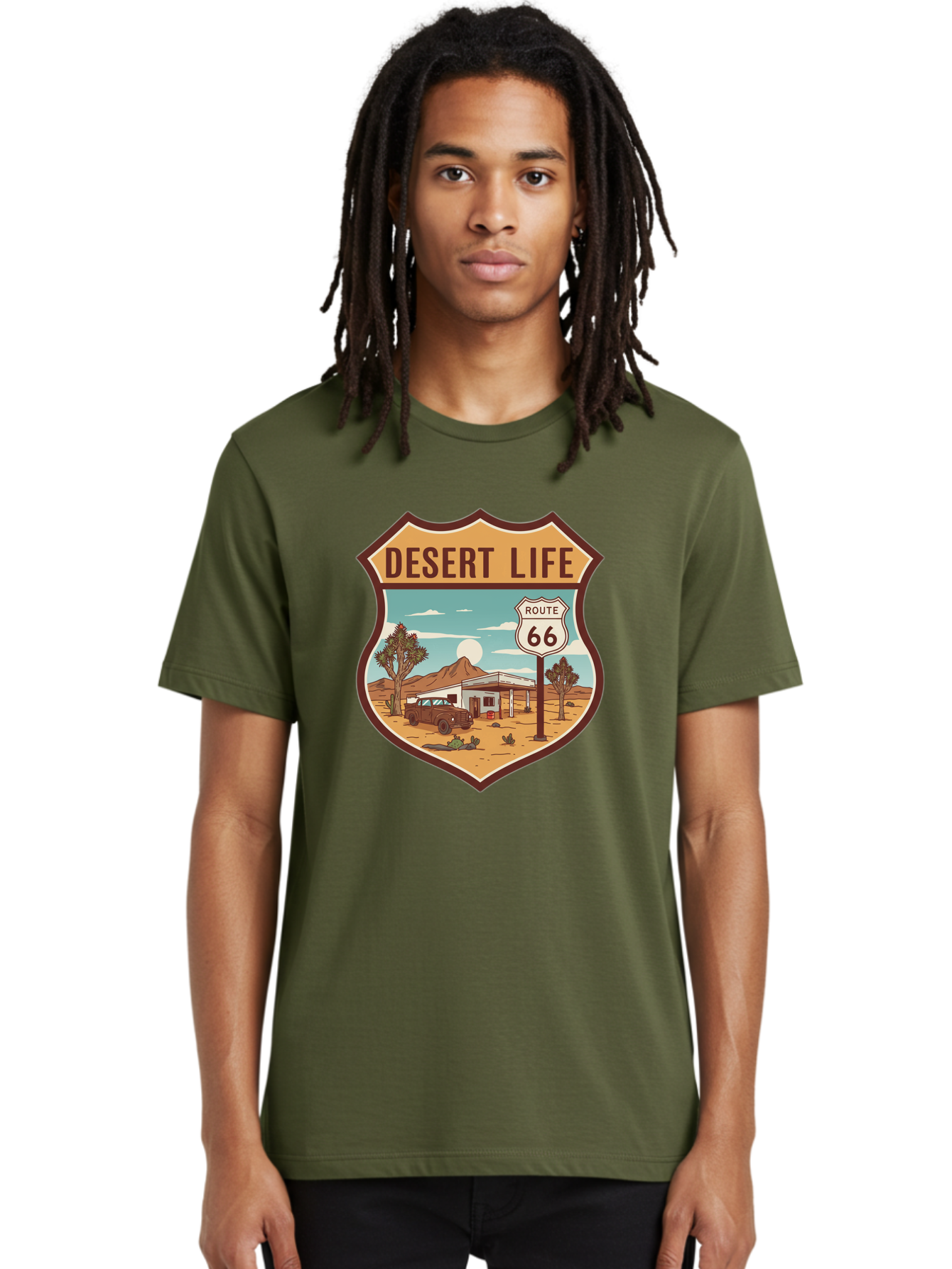 Desert-Life-2 Men'S Graphic Tee, 100% Cotton, Comfortable Casual Summer Wear, Machine Washable, Route 66, Desert Landscape, Vintage Truck, Retro-Style, Road Trip Adventure, Vintage Car, Route 66 Sign, Cacti, Mountains, Open Road, Bac988