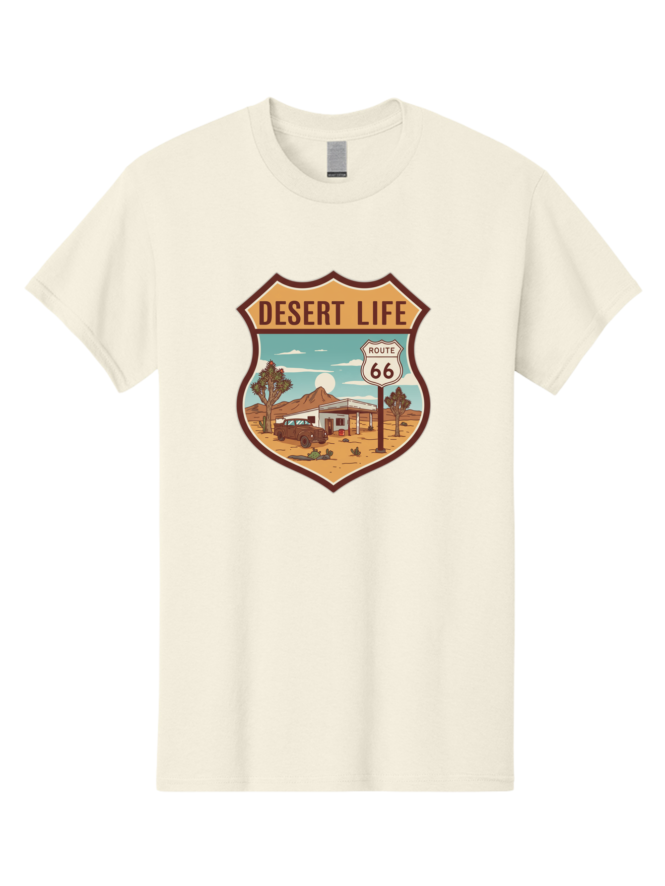 Desert-Life-2 Men'S Graphic Tee, 100% Cotton, Comfortable Casual Summer Wear, Machine Washable, Route 66, Desert Landscape, Vintage Truck, Retro-Style, Road Trip Adventure, Vintage Car, Route 66 Sign, Cacti, Mountains, Open Road, Bac988