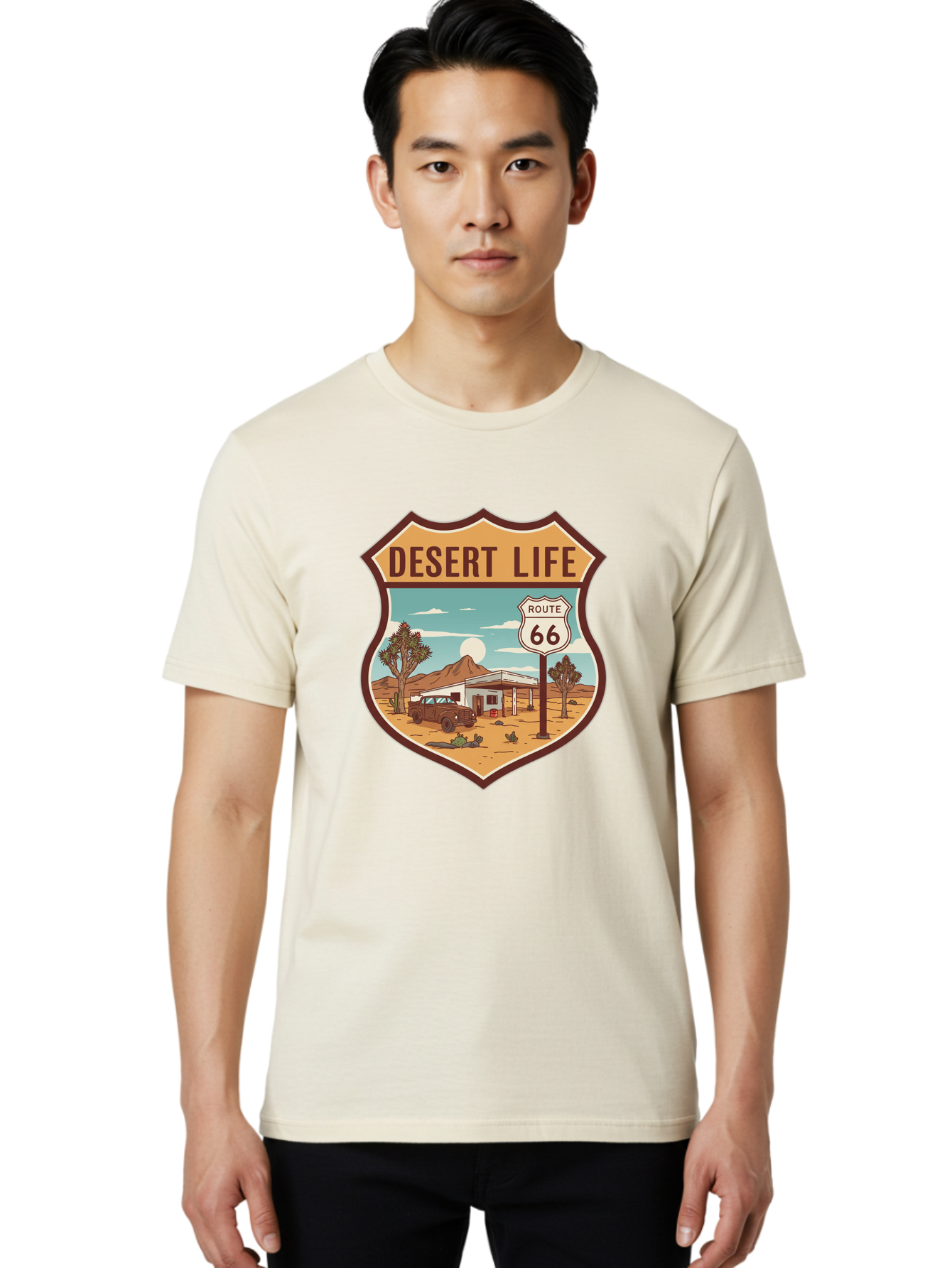 Desert-Life-2 Men'S Graphic Tee, 100% Cotton, Comfortable Casual Summer Wear, Machine Washable, Route 66, Desert Landscape, Vintage Truck, Retro-Style, Road Trip Adventure, Vintage Car, Route 66 Sign, Cacti, Mountains, Open Road, Bac988
