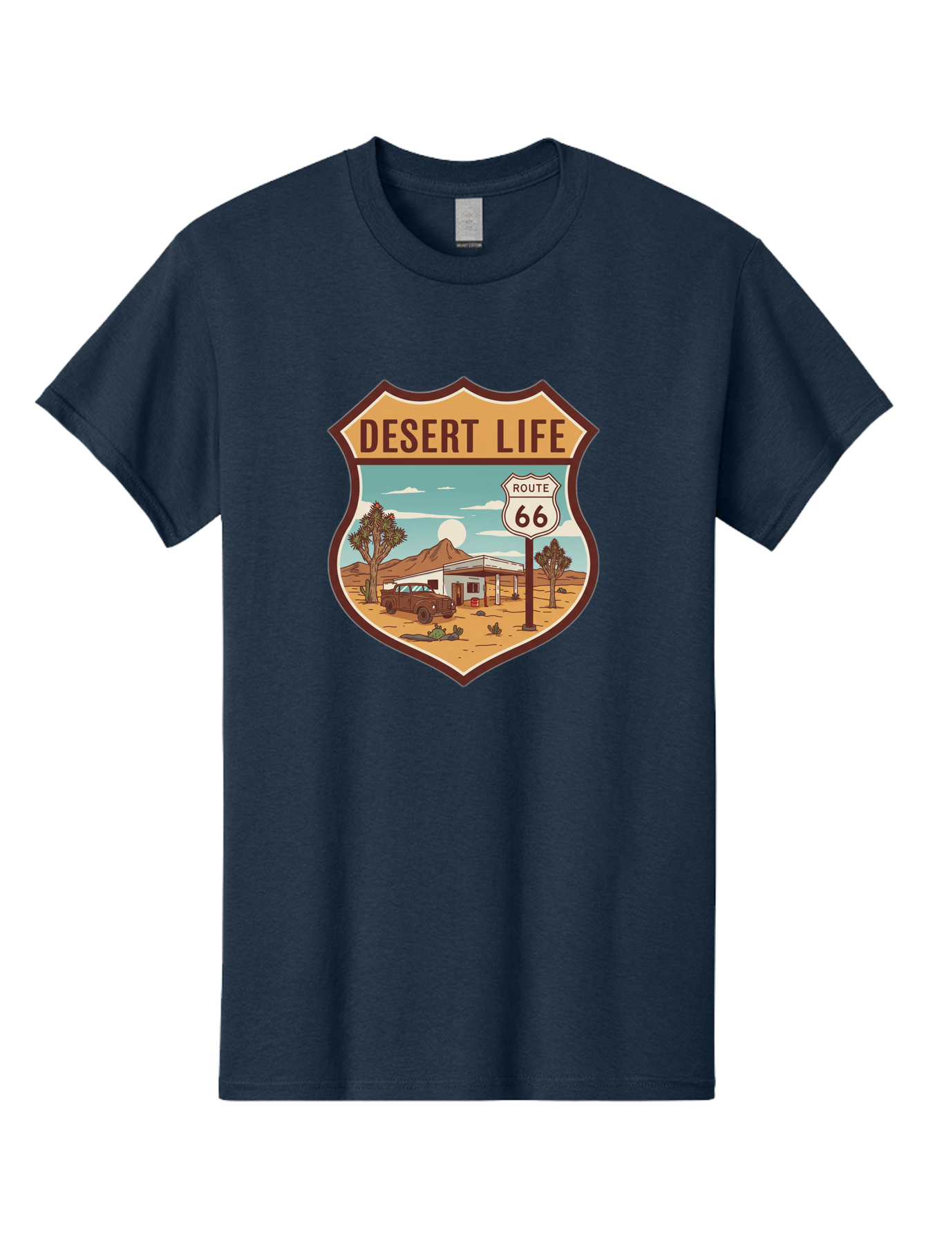 Desert-Life-2 Men'S Graphic Tee, 100% Cotton, Comfortable Casual Summer Wear, Machine Washable, Route 66, Desert Landscape, Vintage Truck, Retro-Style, Road Trip Adventure, Vintage Car, Route 66 Sign, Cacti, Mountains, Open Road, Bac988