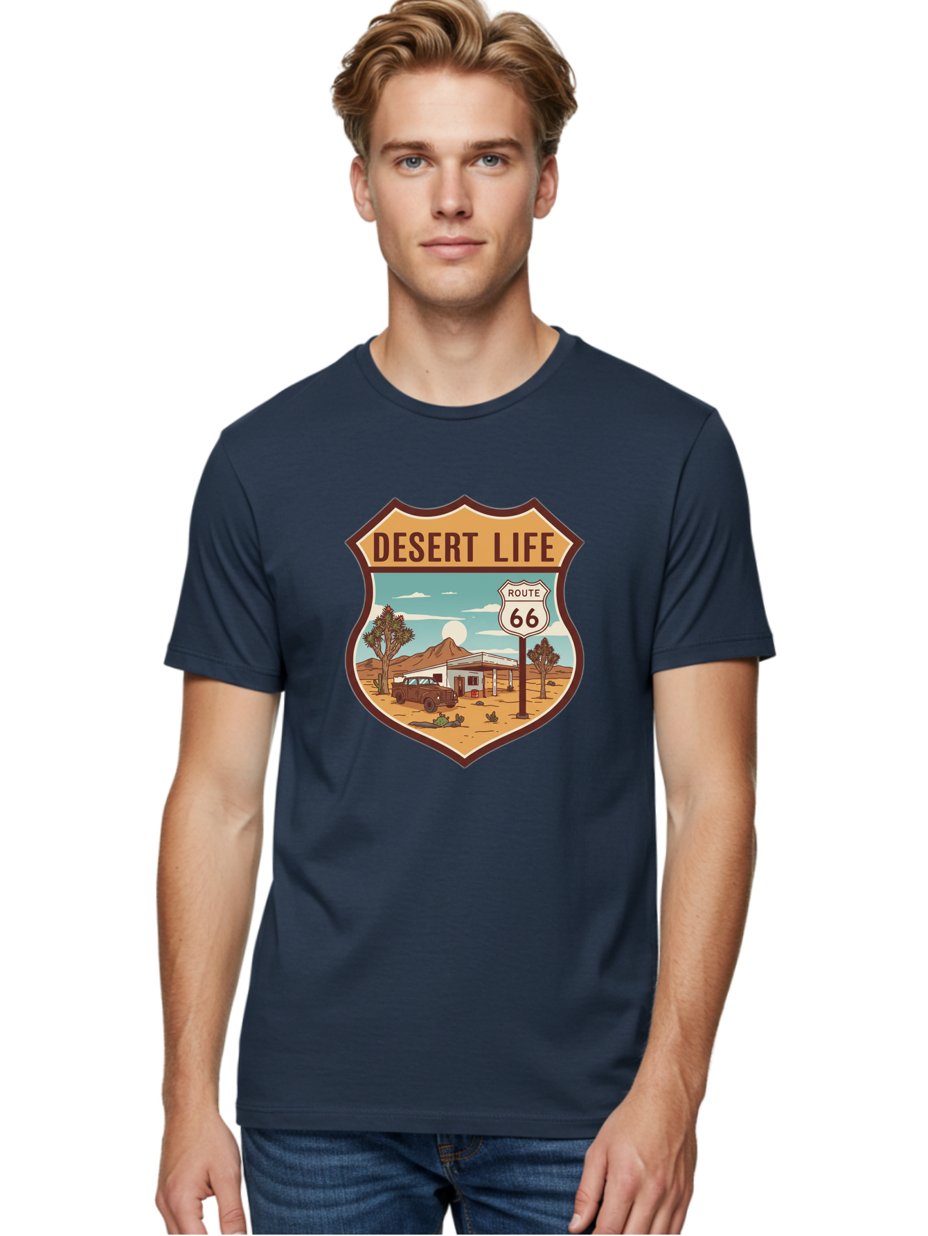 Desert-Life-2 Men'S Graphic Tee, 100% Cotton, Comfortable Casual Summer Wear, Machine Washable, Route 66, Desert Landscape, Vintage Truck, Retro-Style, Road Trip Adventure, Vintage Car, Route 66 Sign, Cacti, Mountains, Open Road, Bac988