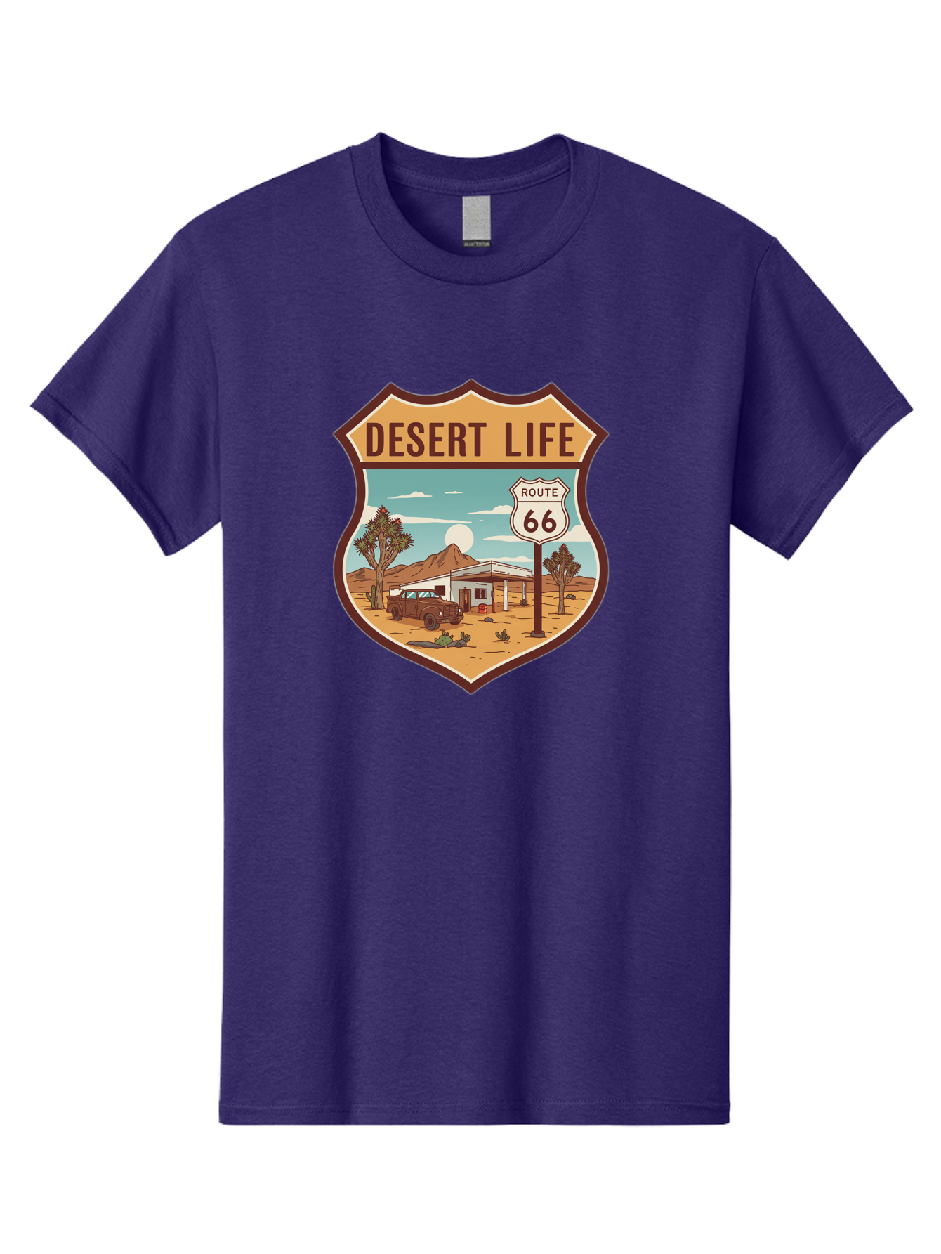 Desert-Life-2 Men'S Graphic Tee, 100% Cotton, Comfortable Casual Summer Wear, Machine Washable, Route 66, Desert Landscape, Vintage Truck, Retro-Style, Road Trip Adventure, Vintage Car, Route 66 Sign, Cacti, Mountains, Open Road, Bac988