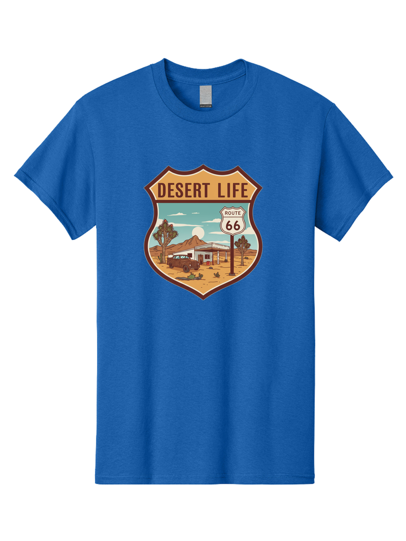 Desert-Life-2 Men'S Graphic Tee, 100% Cotton, Comfortable Casual Summer Wear, Machine Washable, Route 66, Desert Landscape, Vintage Truck, Retro-Style, Road Trip Adventure, Vintage Car, Route 66 Sign, Cacti, Mountains, Open Road, Bac988