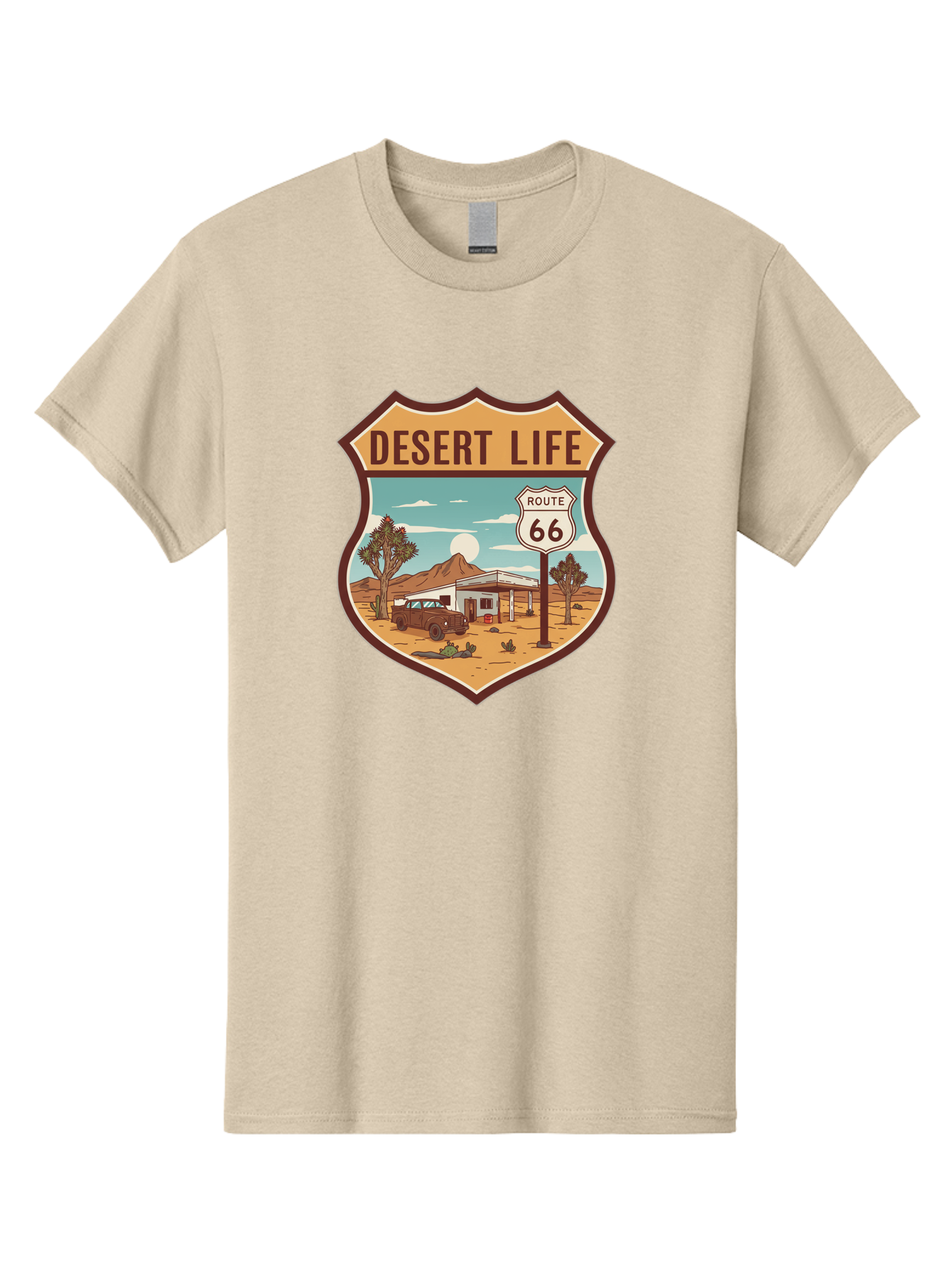 Desert-Life-2 Men'S Graphic Tee, 100% Cotton, Comfortable Casual Summer Wear, Machine Washable, Route 66, Desert Landscape, Vintage Truck, Retro-Style, Road Trip Adventure, Vintage Car, Route 66 Sign, Cacti, Mountains, Open Road, Bac988