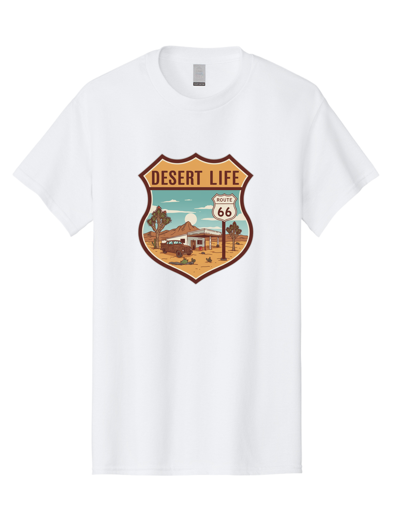 Desert-Life-2 Men'S Graphic Tee, 100% Cotton, Comfortable Casual Summer Wear, Machine Washable, Route 66, Desert Landscape, Vintage Truck, Retro-Style, Road Trip Adventure, Vintage Car, Route 66 Sign, Cacti, Mountains, Open Road, Bac988