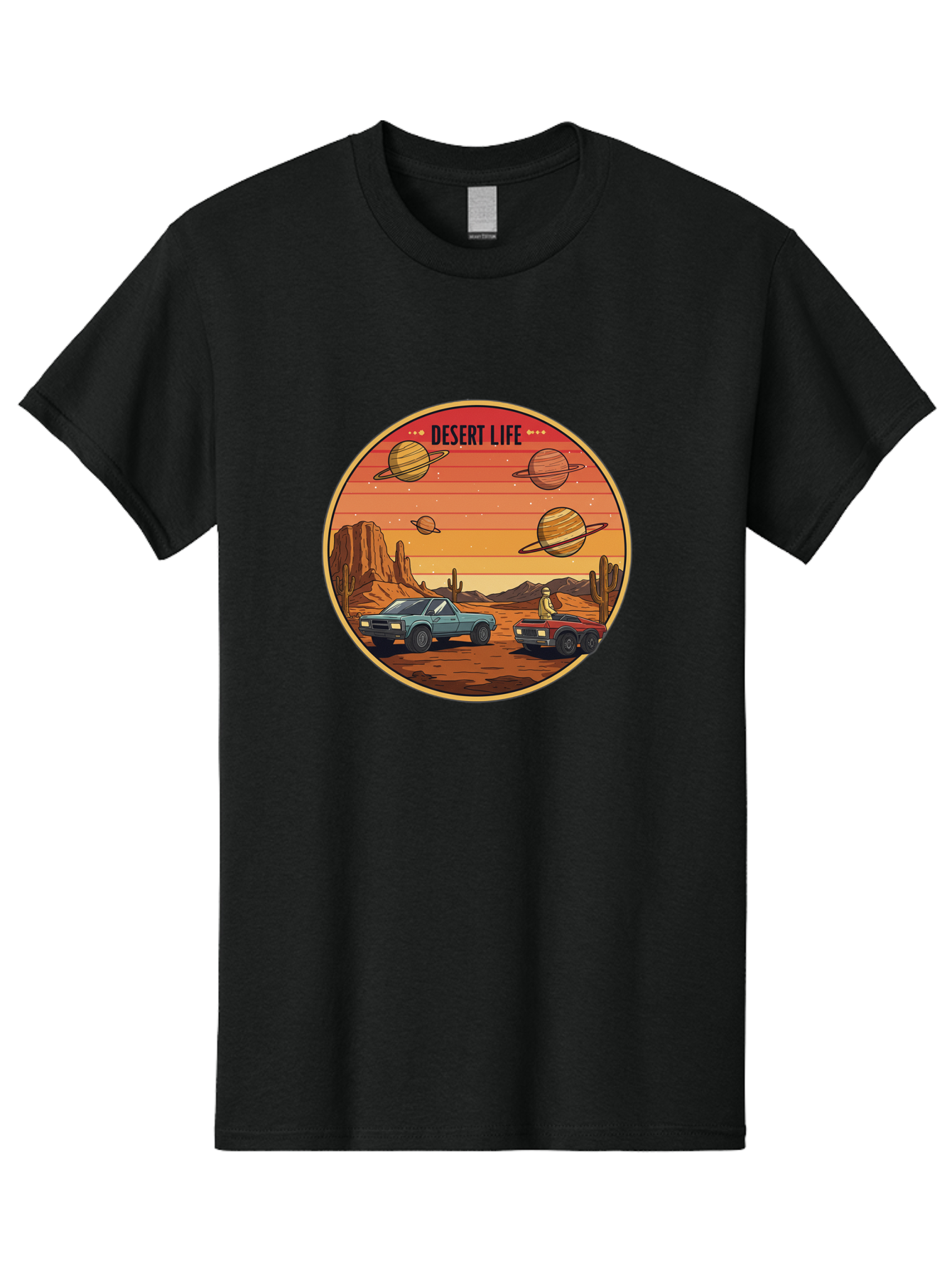 Desert-Life-3 Men'S Graphic Tee, 100% Cotton, Comfortable Casual Summer Wear, Machine Washable, Desert Landscape, Vintage Cars, Futuristic Planets, Rocky Terrain, Orange Sunset, Adventure Scene, Retro-Futuristic, Space Travel, Bac989