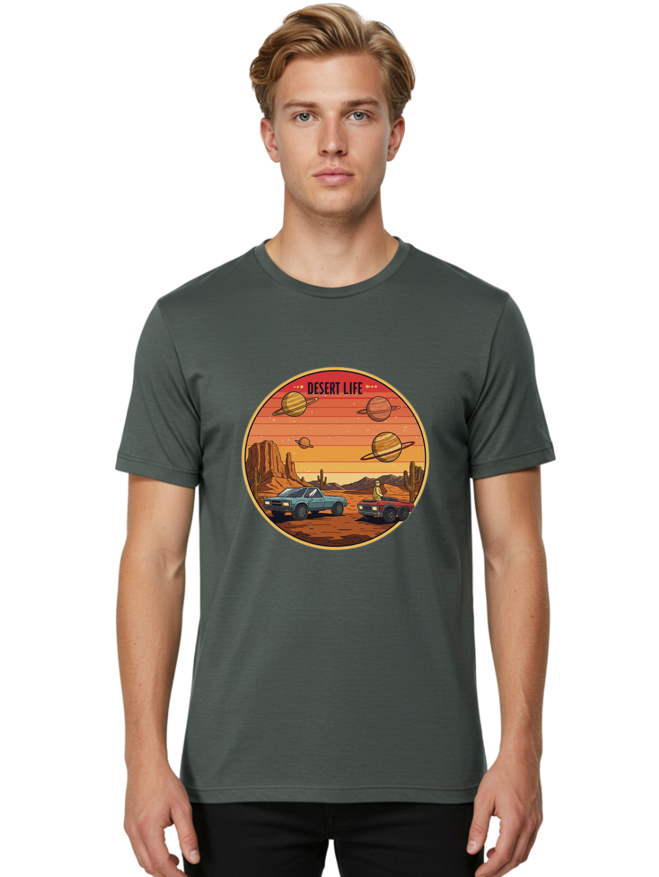 Desert-Life-3 Men'S Graphic Tee, 100% Cotton, Comfortable Casual Summer Wear, Machine Washable, Desert Landscape, Vintage Cars, Futuristic Planets, Rocky Terrain, Orange Sunset, Adventure Scene, Retro-Futuristic, Space Travel, Bac989