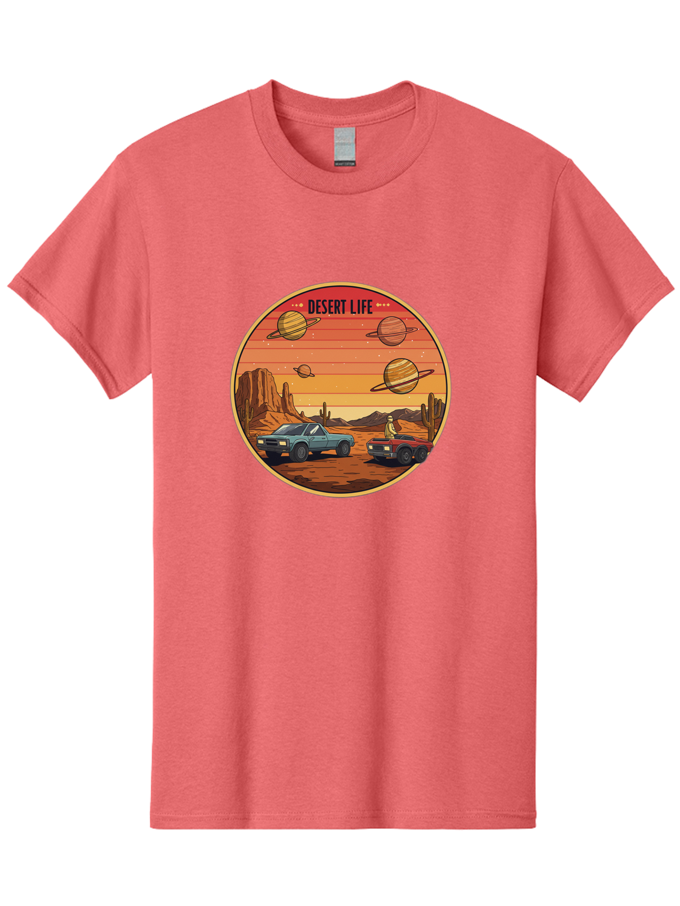 Desert-Life-3 Men'S Graphic Tee, 100% Cotton, Comfortable Casual Summer Wear, Machine Washable, Desert Landscape, Vintage Cars, Futuristic Planets, Rocky Terrain, Orange Sunset, Adventure Scene, Retro-Futuristic, Space Travel, Bac989
