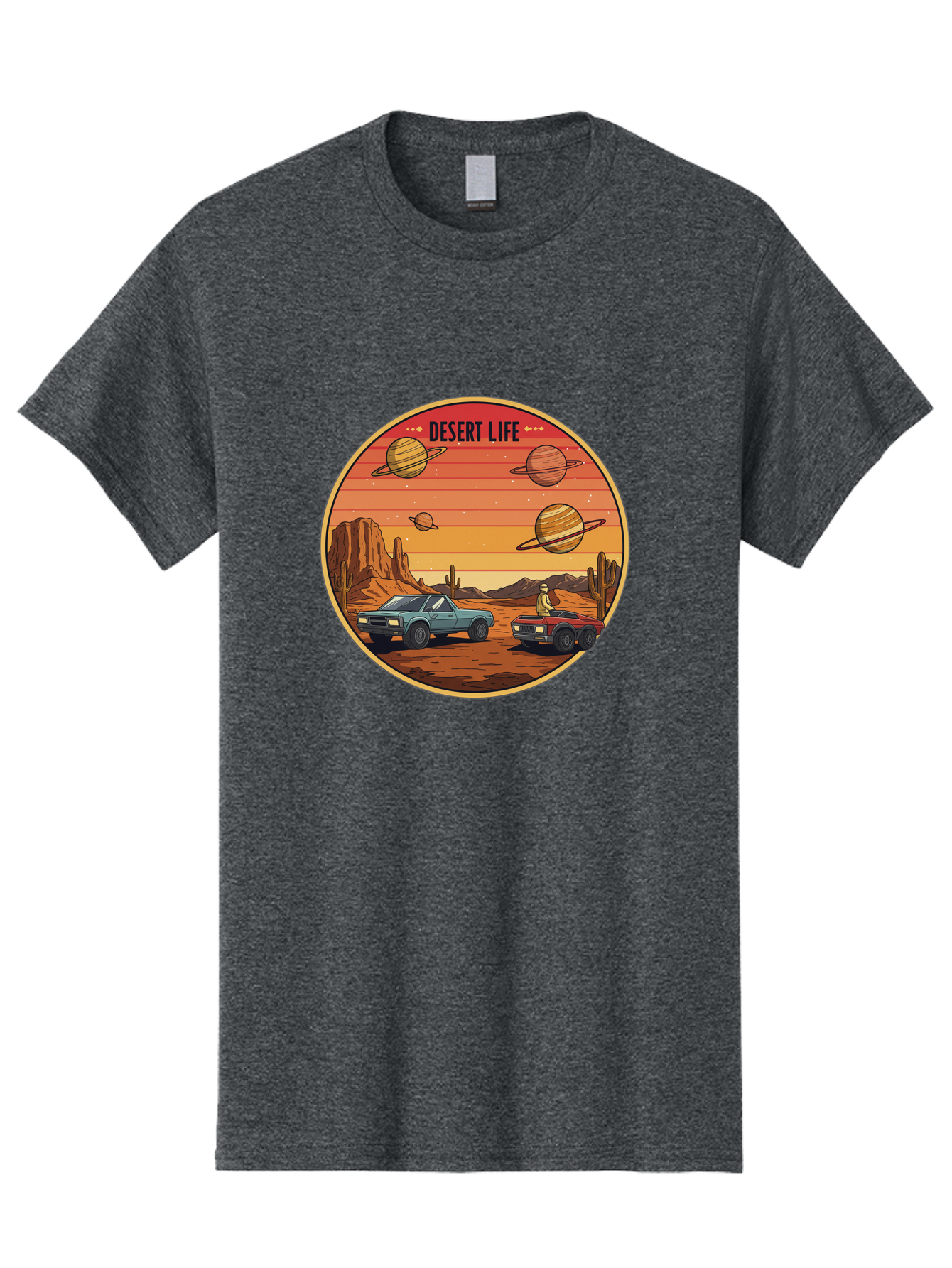 Desert-Life-3 Men'S Graphic Tee, 100% Cotton, Comfortable Casual Summer Wear, Machine Washable, Desert Landscape, Vintage Cars, Futuristic Planets, Rocky Terrain, Orange Sunset, Adventure Scene, Retro-Futuristic, Space Travel, Bac989