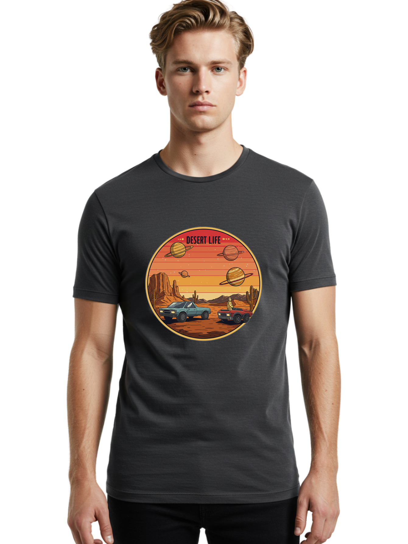 Desert-Life-3 Men'S Graphic Tee, 100% Cotton, Comfortable Casual Summer Wear, Machine Washable, Desert Landscape, Vintage Cars, Futuristic Planets, Rocky Terrain, Orange Sunset, Adventure Scene, Retro-Futuristic, Space Travel, Bac989