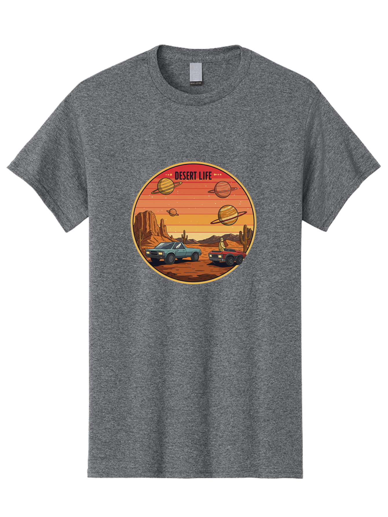 Desert-Life-3 Men'S Graphic Tee, 100% Cotton, Comfortable Casual Summer Wear, Machine Washable, Desert Landscape, Vintage Cars, Futuristic Planets, Rocky Terrain, Orange Sunset, Adventure Scene, Retro-Futuristic, Space Travel, Bac989