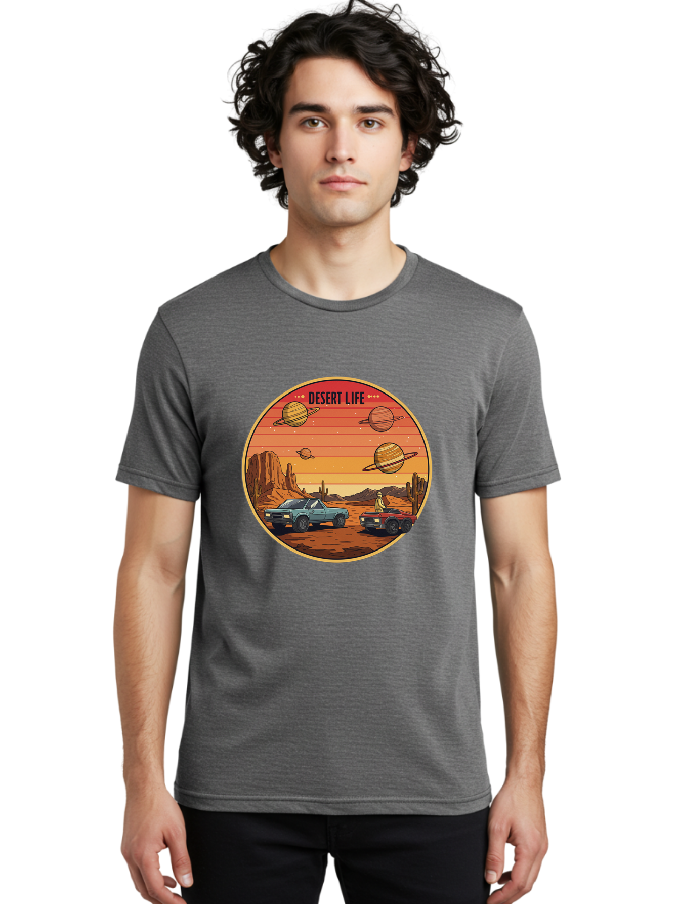 Desert-Life-3 Men'S Graphic Tee, 100% Cotton, Comfortable Casual Summer Wear, Machine Washable, Desert Landscape, Vintage Cars, Futuristic Planets, Rocky Terrain, Orange Sunset, Adventure Scene, Retro-Futuristic, Space Travel, Bac989