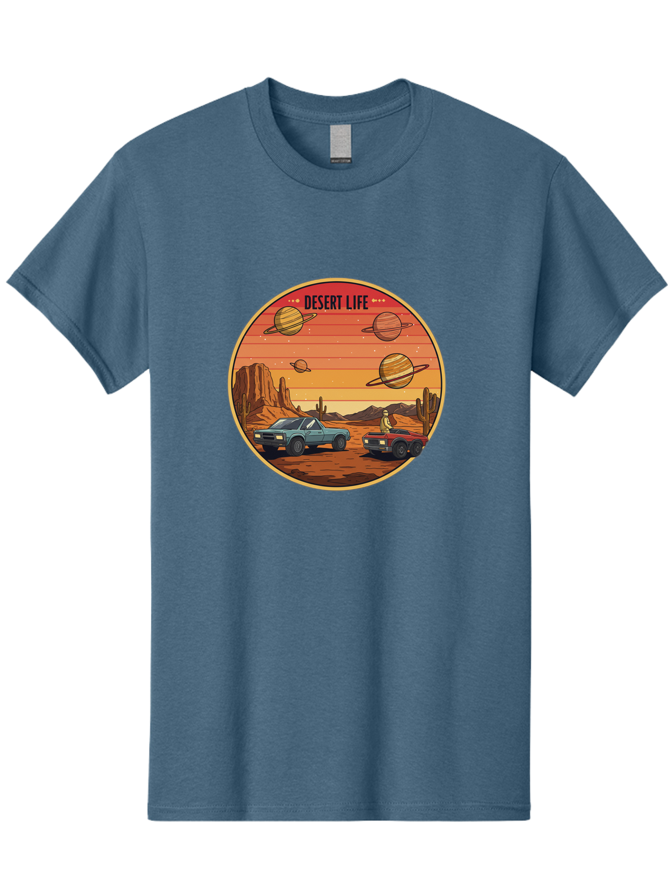 Desert-Life-3 Men'S Graphic Tee, 100% Cotton, Comfortable Casual Summer Wear, Machine Washable, Desert Landscape, Vintage Cars, Futuristic Planets, Rocky Terrain, Orange Sunset, Adventure Scene, Retro-Futuristic, Space Travel, Bac989