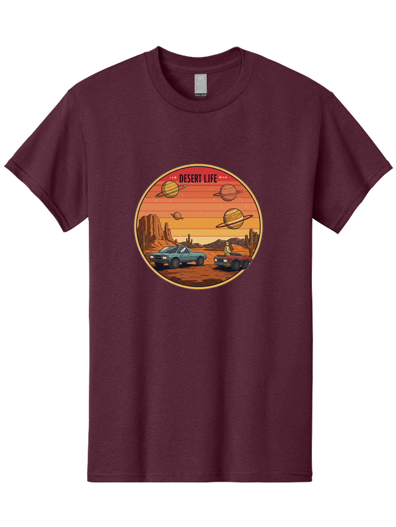 Desert-Life-3 Men'S Graphic Tee, 100% Cotton, Comfortable Casual Summer Wear, Machine Washable, Desert Landscape, Vintage Cars, Futuristic Planets, Rocky Terrain, Orange Sunset, Adventure Scene, Retro-Futuristic, Space Travel, Bac989
