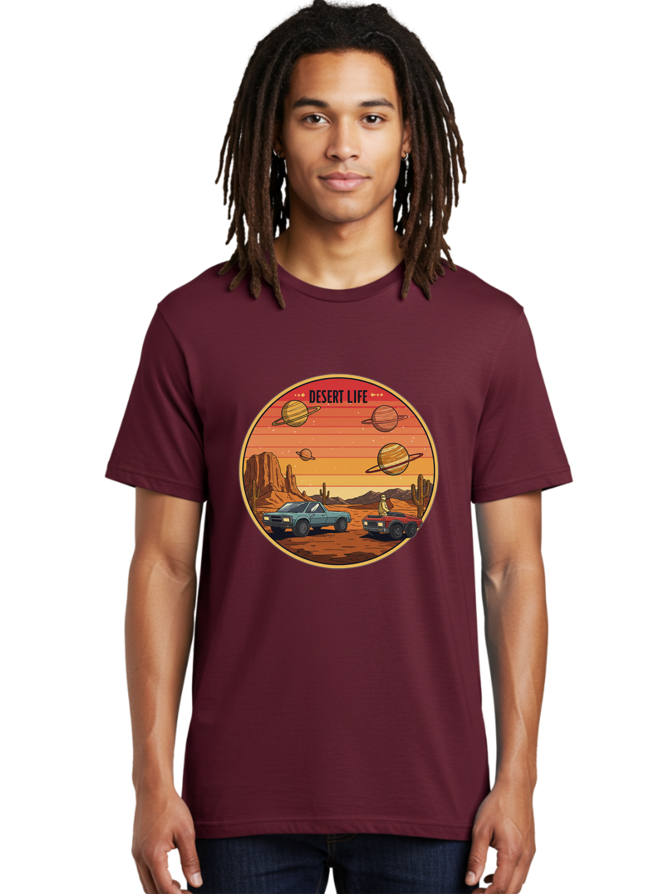 Desert-Life-3 Men'S Graphic Tee, 100% Cotton, Comfortable Casual Summer Wear, Machine Washable, Desert Landscape, Vintage Cars, Futuristic Planets, Rocky Terrain, Orange Sunset, Adventure Scene, Retro-Futuristic, Space Travel, Bac989
