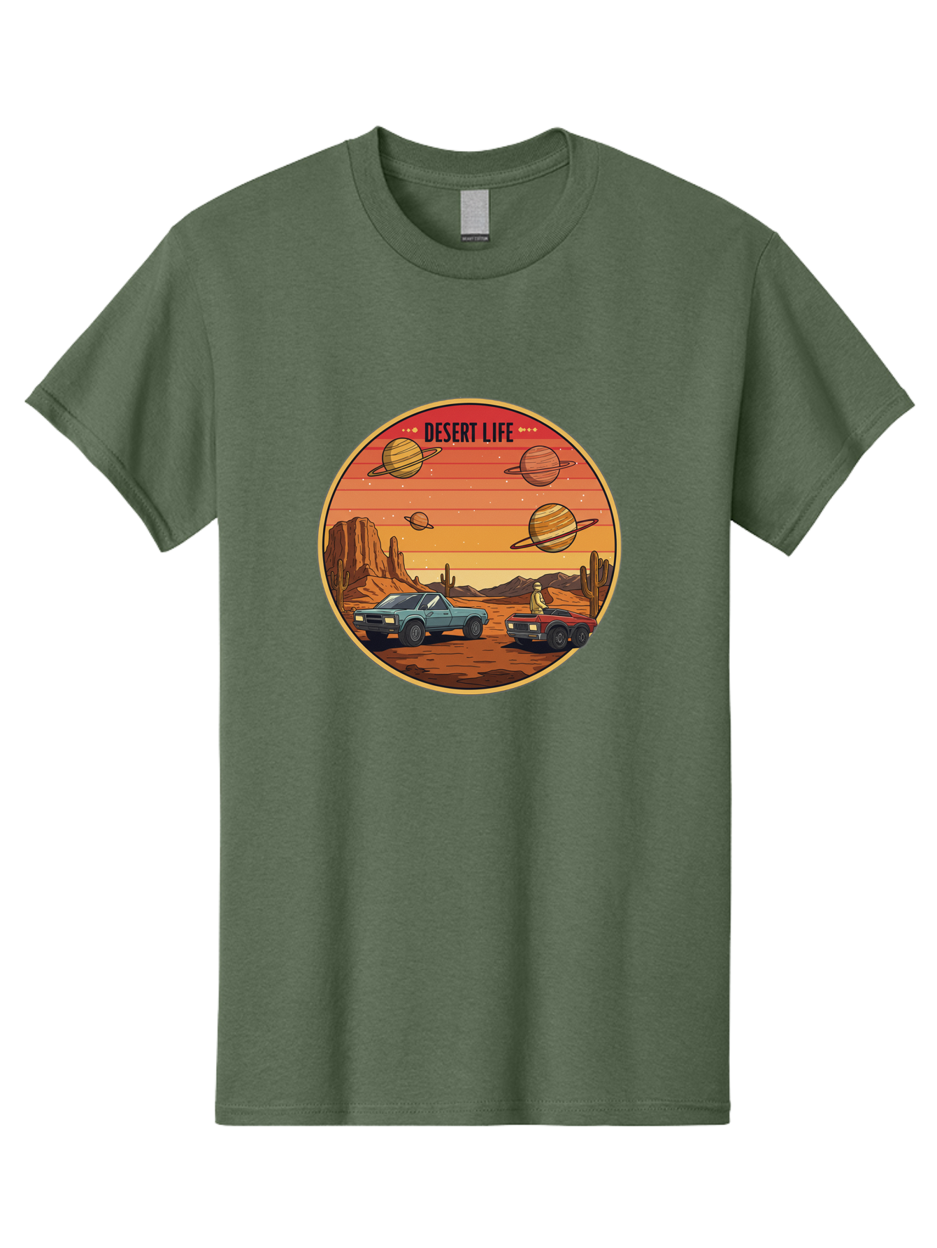 Desert-Life-3 Men'S Graphic Tee, 100% Cotton, Comfortable Casual Summer Wear, Machine Washable, Desert Landscape, Vintage Cars, Futuristic Planets, Rocky Terrain, Orange Sunset, Adventure Scene, Retro-Futuristic, Space Travel, Bac989