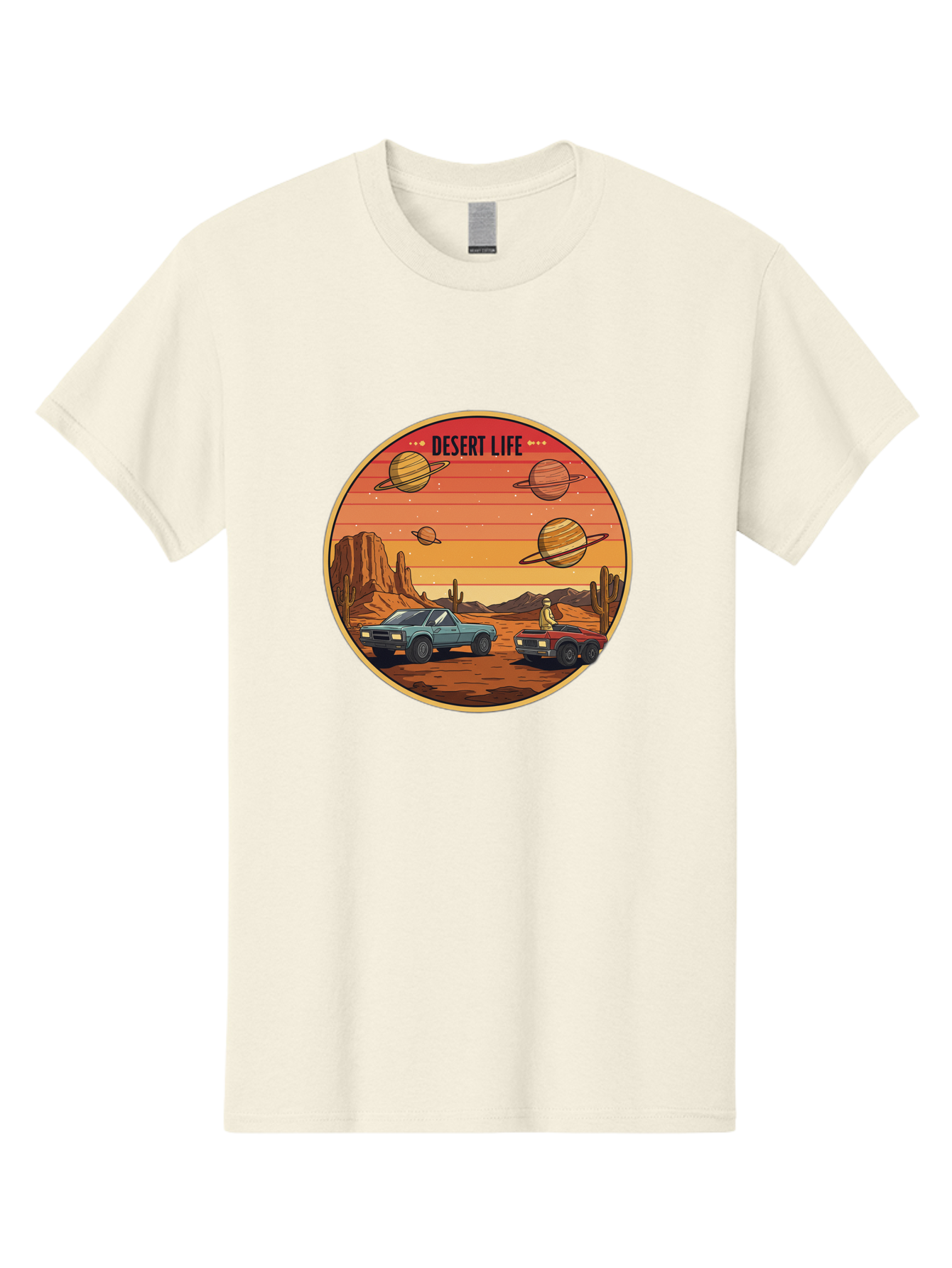 Desert-Life-3 Men'S Graphic Tee, 100% Cotton, Comfortable Casual Summer Wear, Machine Washable, Desert Landscape, Vintage Cars, Futuristic Planets, Rocky Terrain, Orange Sunset, Adventure Scene, Retro-Futuristic, Space Travel, Bac989
