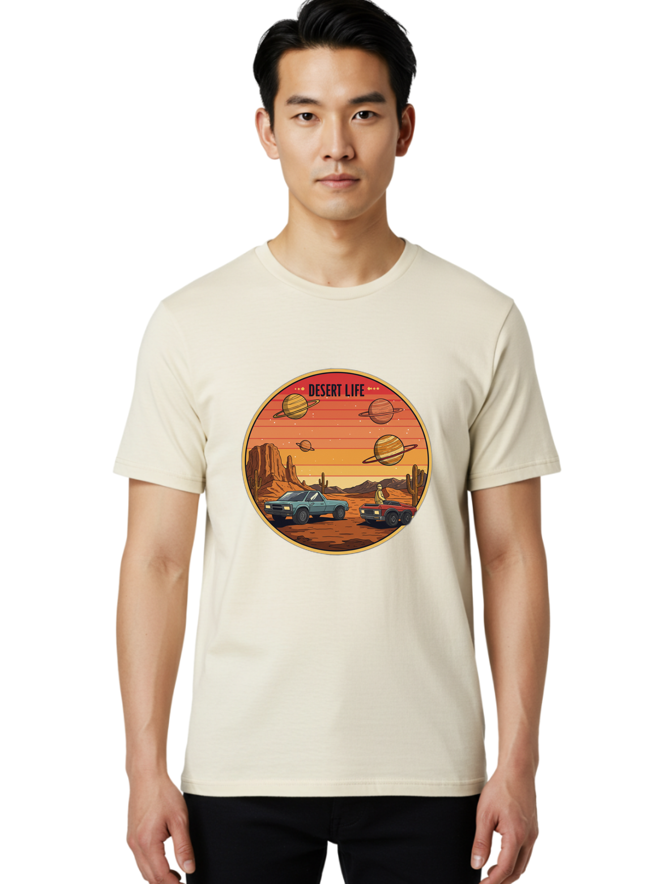 Desert-Life-3 Men'S Graphic Tee, 100% Cotton, Comfortable Casual Summer Wear, Machine Washable, Desert Landscape, Vintage Cars, Futuristic Planets, Rocky Terrain, Orange Sunset, Adventure Scene, Retro-Futuristic, Space Travel, Bac989