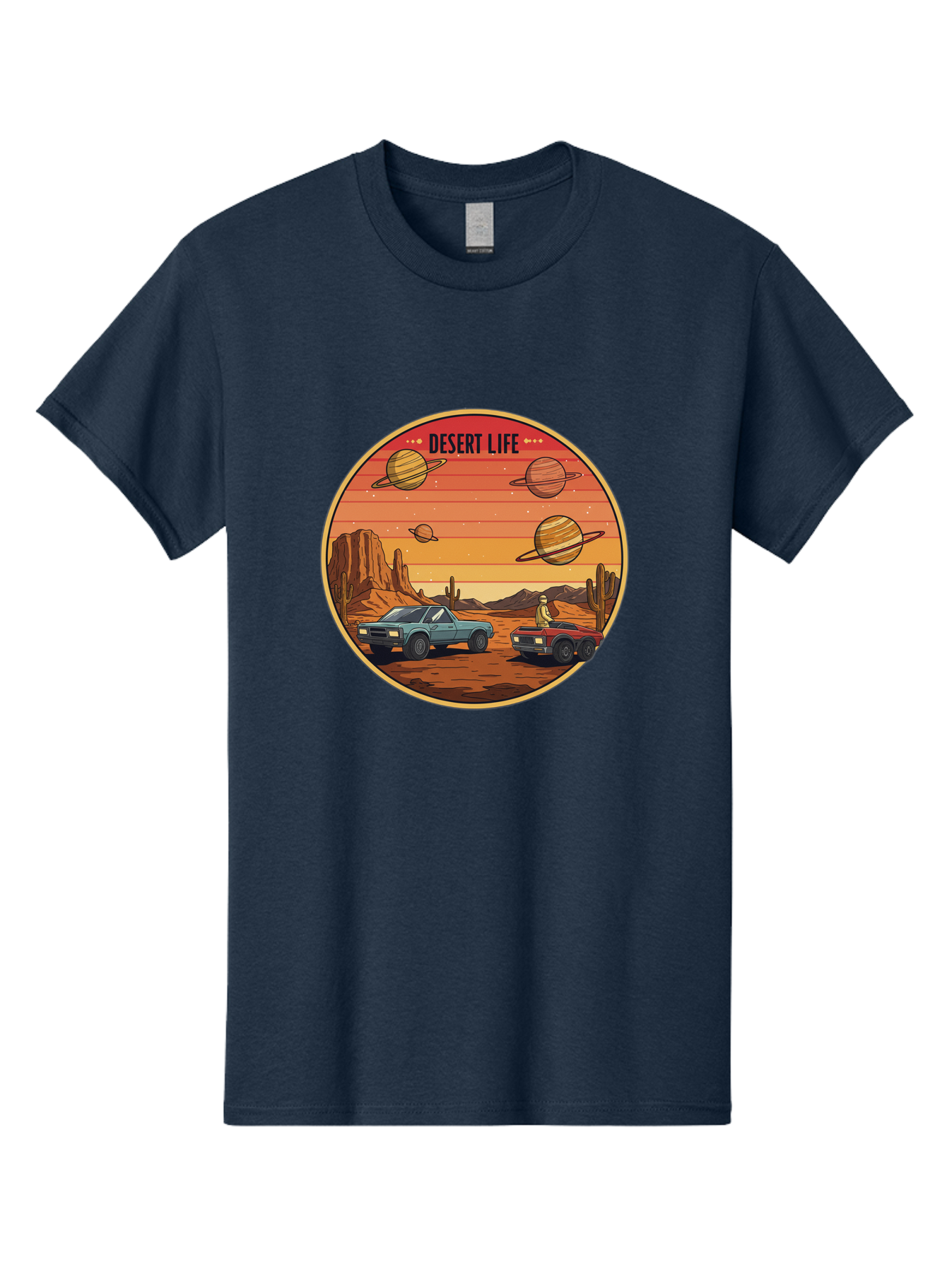 Desert-Life-3 Men'S Graphic Tee, 100% Cotton, Comfortable Casual Summer Wear, Machine Washable, Desert Landscape, Vintage Cars, Futuristic Planets, Rocky Terrain, Orange Sunset, Adventure Scene, Retro-Futuristic, Space Travel, Bac989