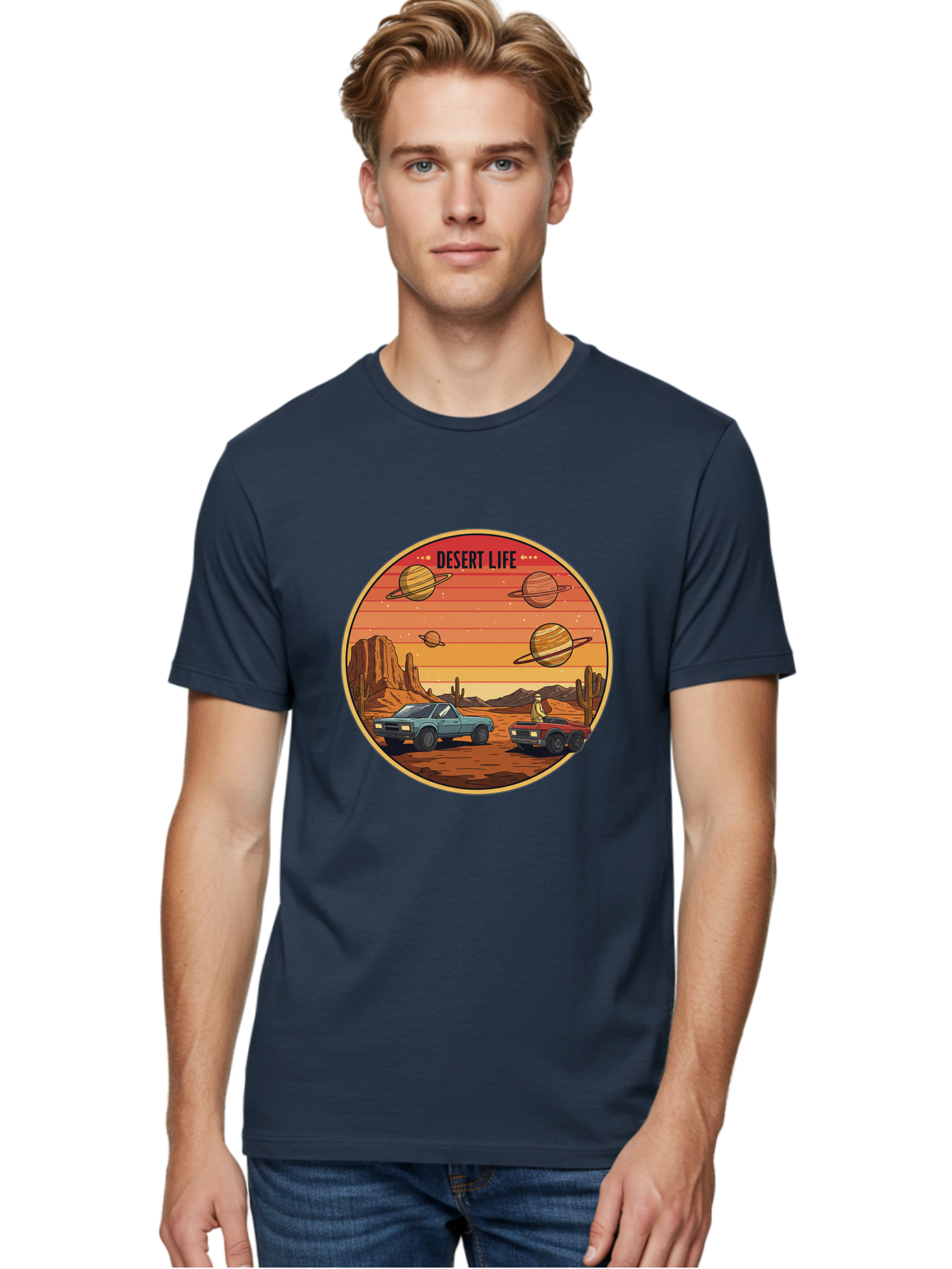 Desert-Life-3 Men'S Graphic Tee, 100% Cotton, Comfortable Casual Summer Wear, Machine Washable, Desert Landscape, Vintage Cars, Futuristic Planets, Rocky Terrain, Orange Sunset, Adventure Scene, Retro-Futuristic, Space Travel, Bac989
