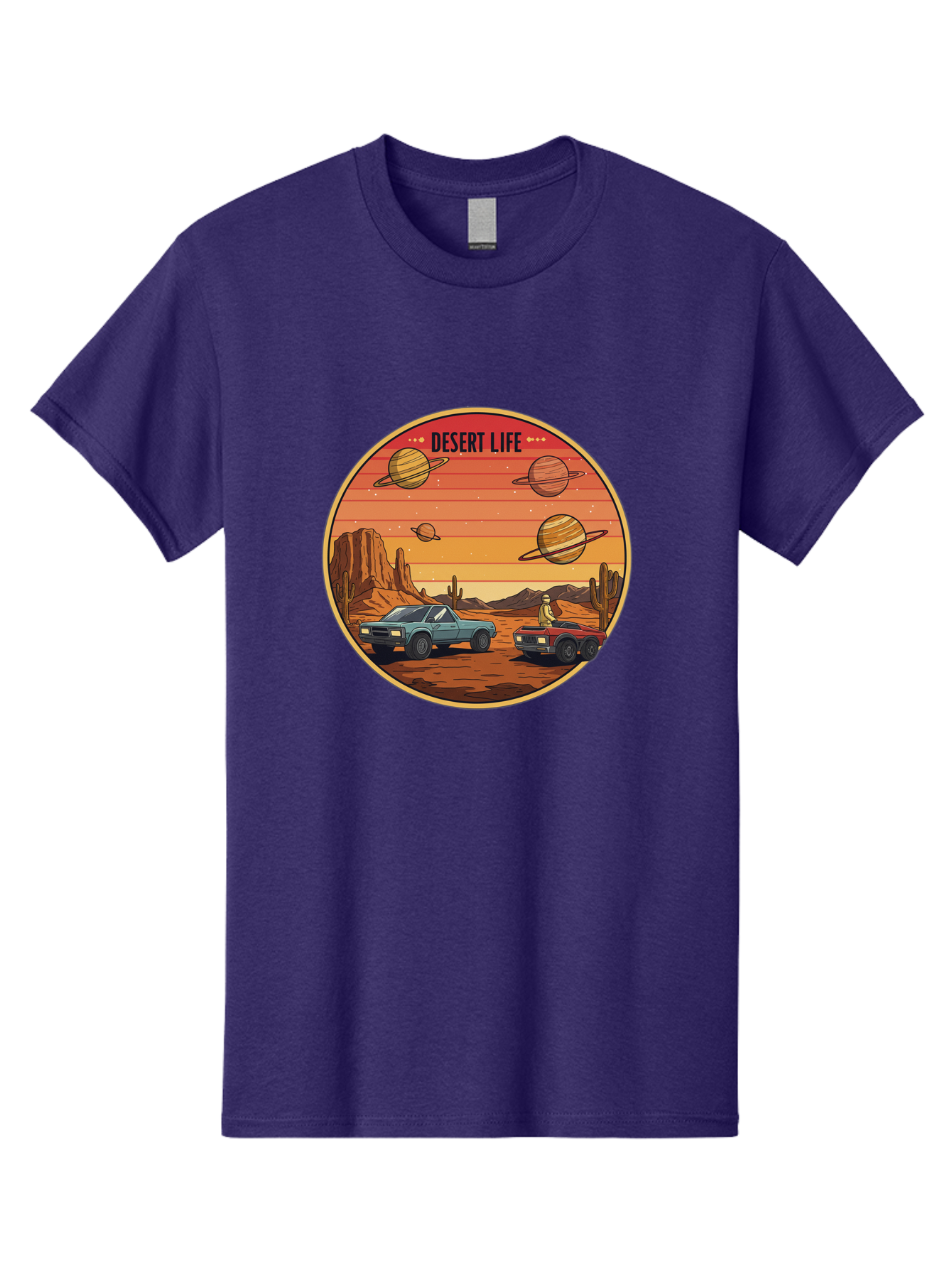 Desert-Life-3 Men'S Graphic Tee, 100% Cotton, Comfortable Casual Summer Wear, Machine Washable, Desert Landscape, Vintage Cars, Futuristic Planets, Rocky Terrain, Orange Sunset, Adventure Scene, Retro-Futuristic, Space Travel, Bac989
